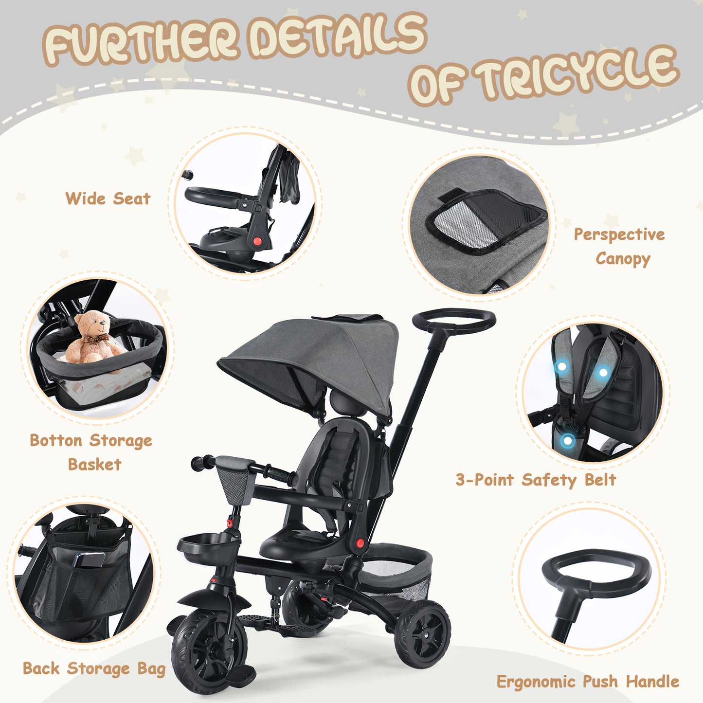 AILEEKISS Folding Kids' Tricycle, 8 IN 1 Baby Trike W/Removable Canpoy&Parental Push Rod, Toddler Bike Stroller for Kids 1-5 Years, Grey