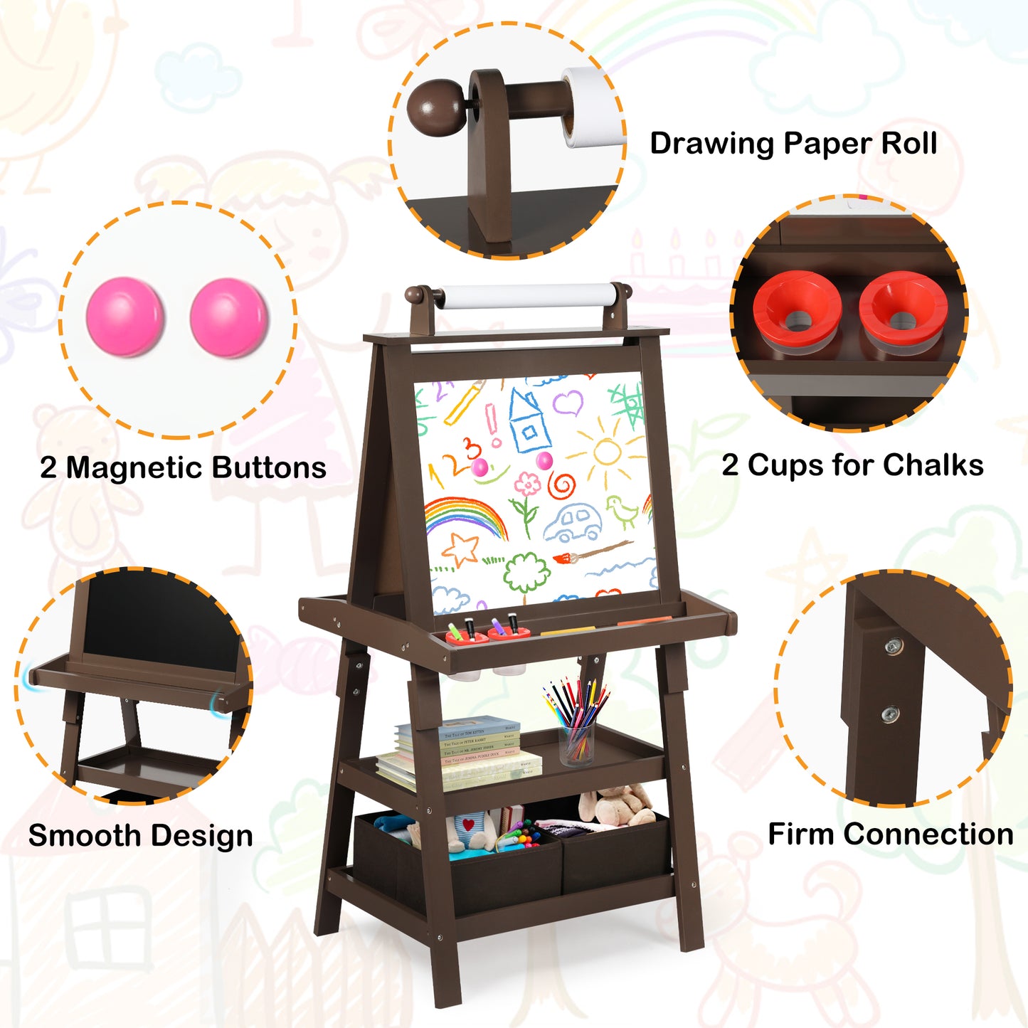 LINLUX 3 in 1 Kids Art Easel Drawing Board Double-Sided Whiteboard Chalkboard, Coffee