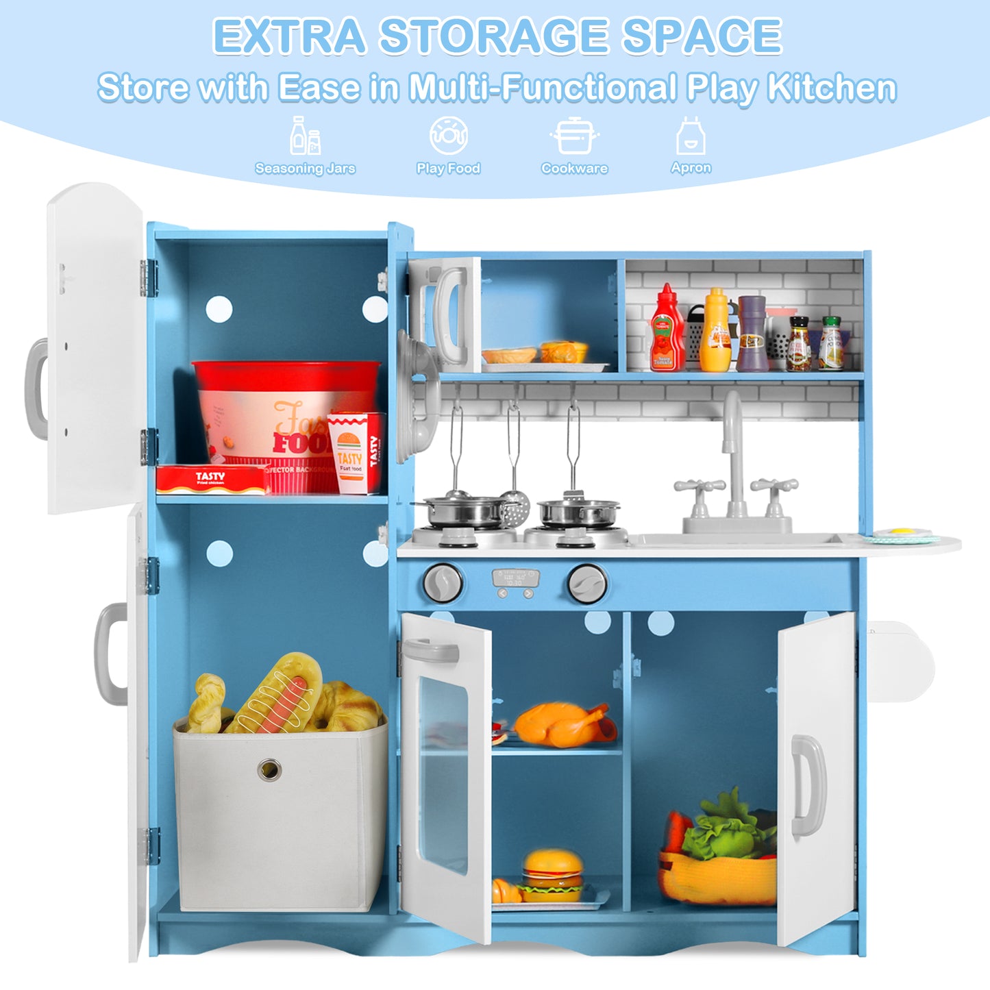 AILEEKISS Kids Play Kitchen Set, Wood Kitchen Playset for Toddler with Accessories, Blue