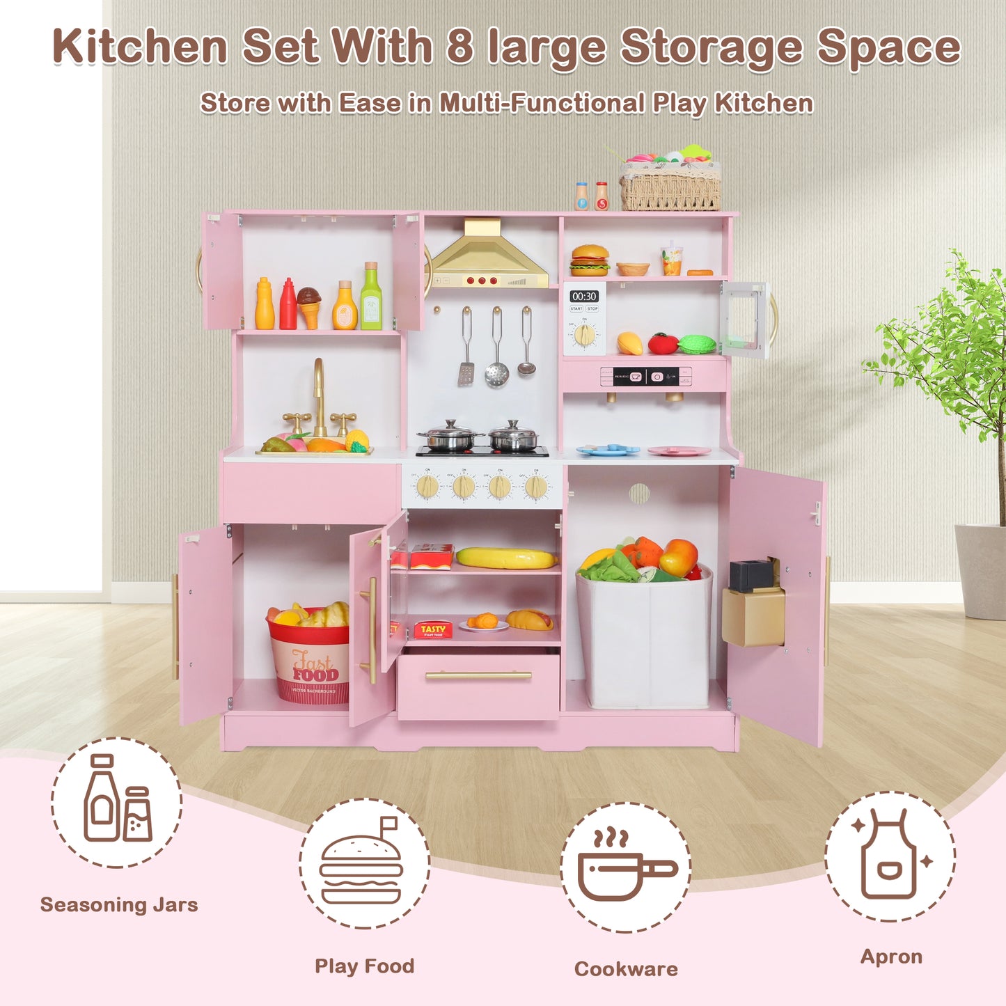 AILEEKISS Wood Kids Play Kitchen, Pretend Kitchen Playset for Children Age 3 Years up, Pink