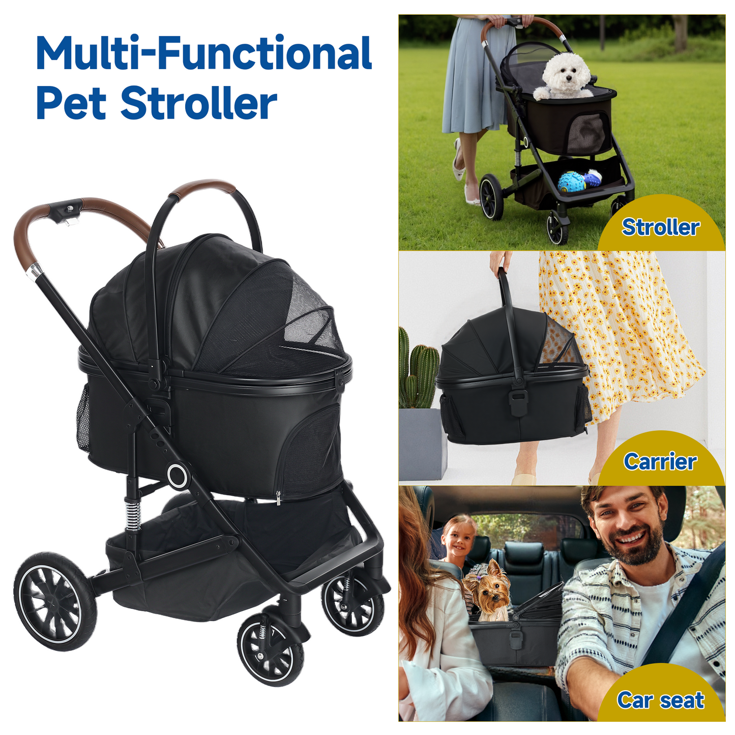 AILEEKISS 4-Wheeled Pet Stroller, Folding Cat and Dog Stroller with Brake, Up to 58 LBS, Black