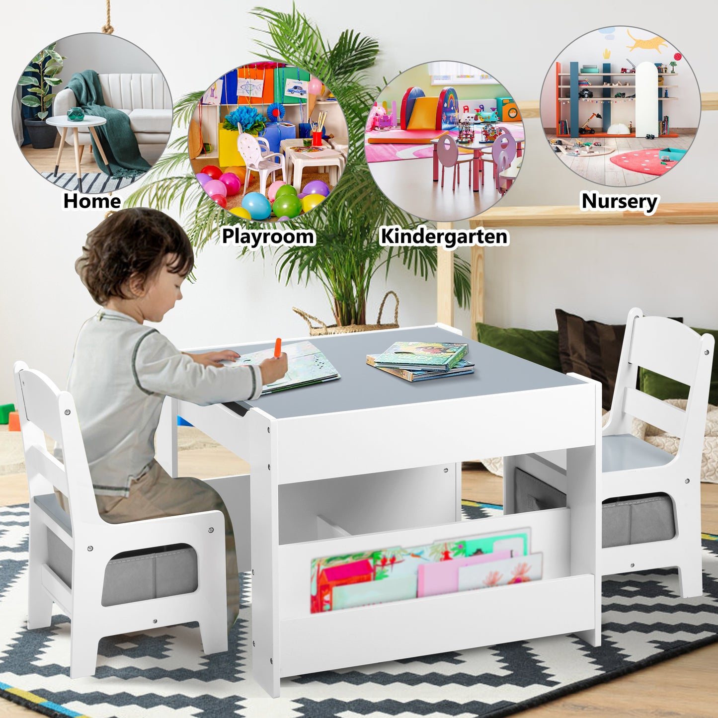 LINLUX Kids Table and Chair Set, Wooden Table Set for Kids, Child Activity Desk W/ Bookshelf, Grey