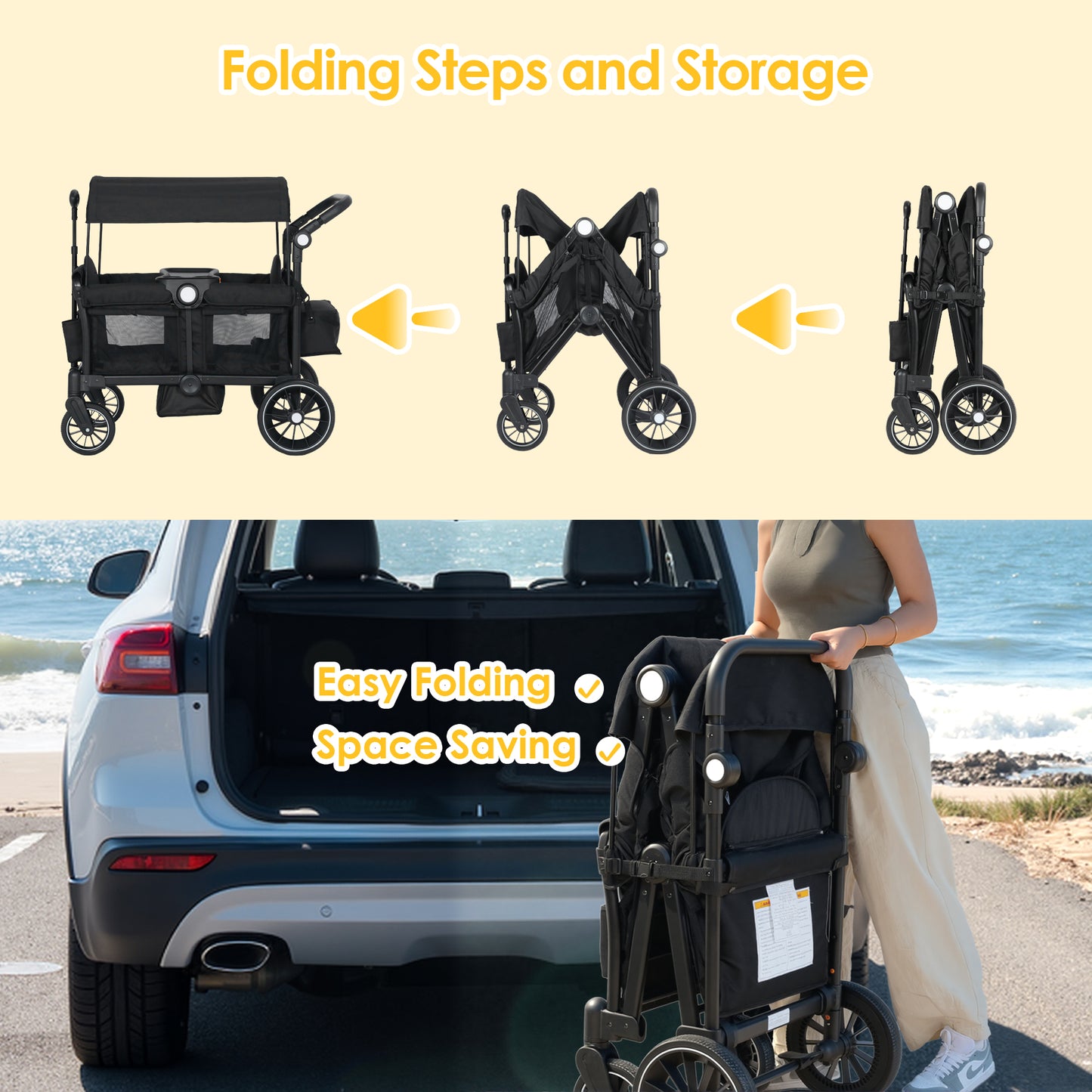 AILEEKISS 3-in-1 Wagon Stroller for 2 Toddlers, Collapsible Baby Wagon with Adjustable Handle, Black