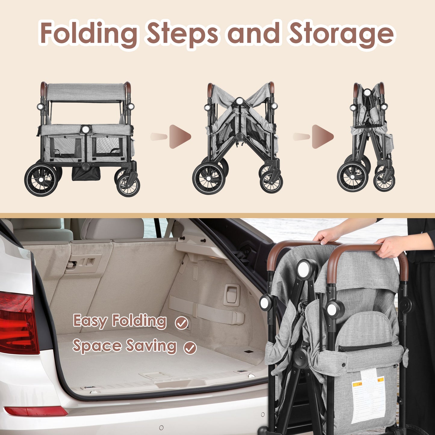 AILEEKISS Collapsible Wagon Stroller for 2 Toddlers with Adjustable Canopy, 44 Pounds, Grey