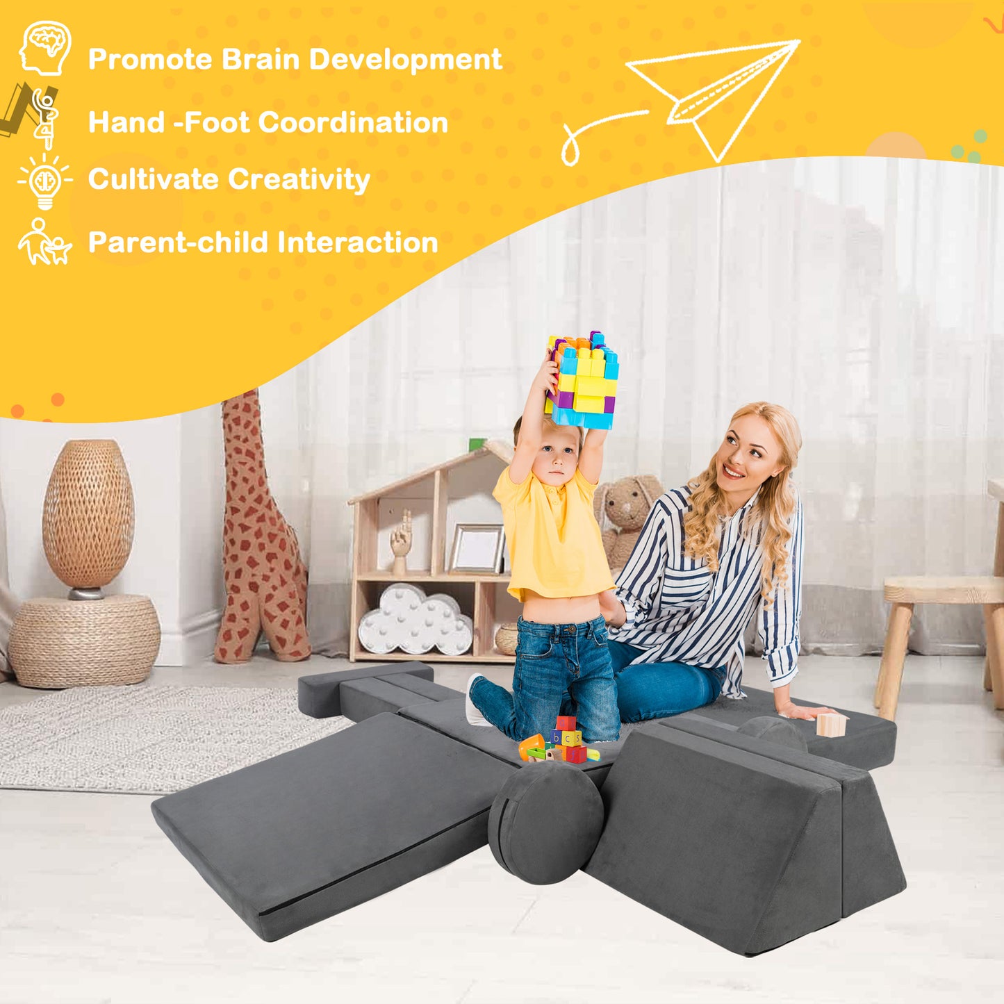 LINLUX 9 Pcs Kids Couch Sofa, Convertible Children Play Couch for Kids, Modular Sofa for Playroom