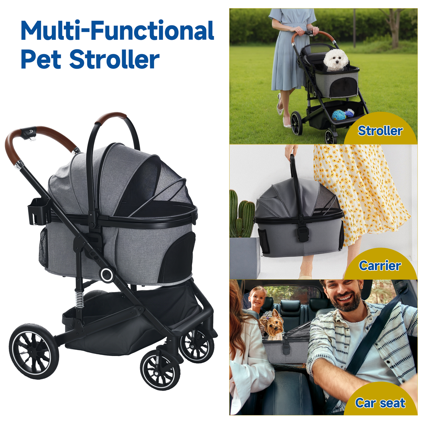 AILEEKISS 4-Wheeled Pet Stroller, Folding Cat and Dog Stroller with Brake, up to 58 lbs, Grey