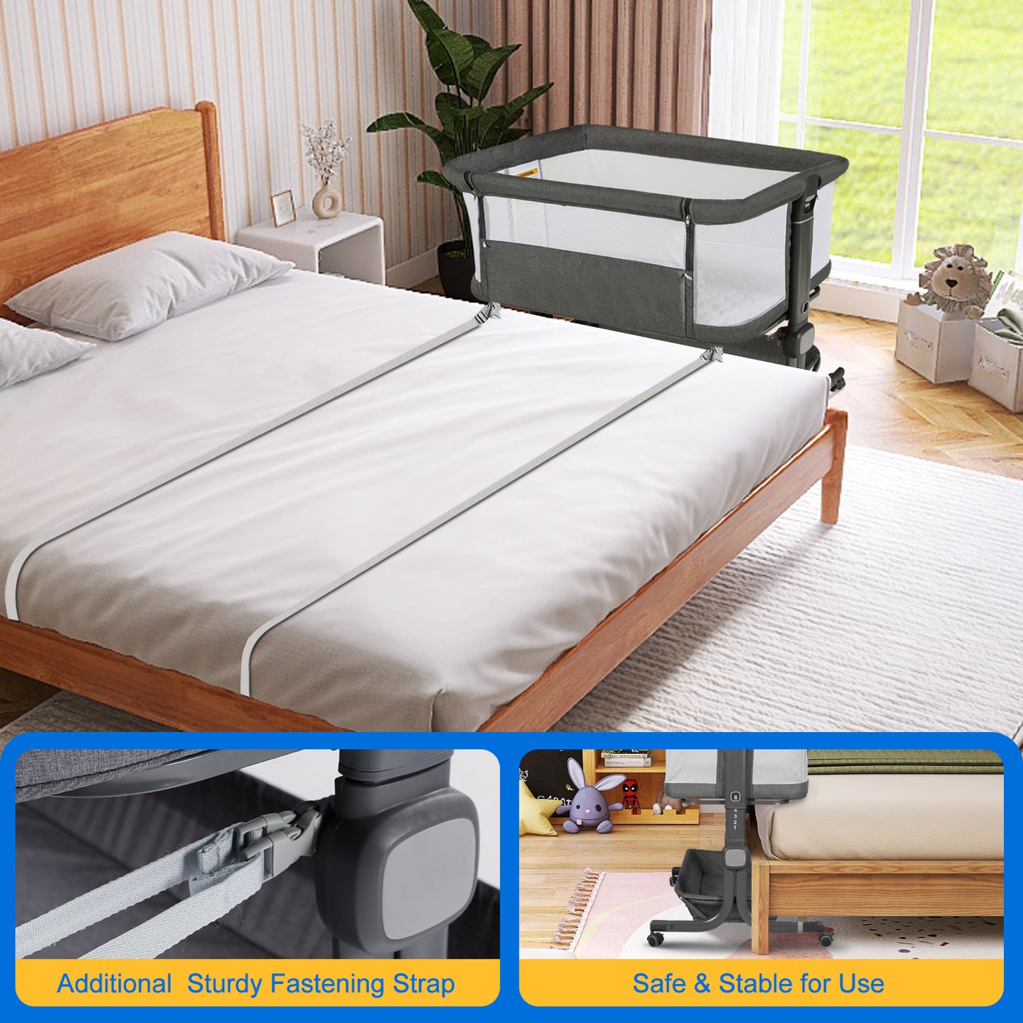 Baby Bassinet Bedside Sleeper with Wheels, Newborn Baby Cribs w/Storage Basket, Grey