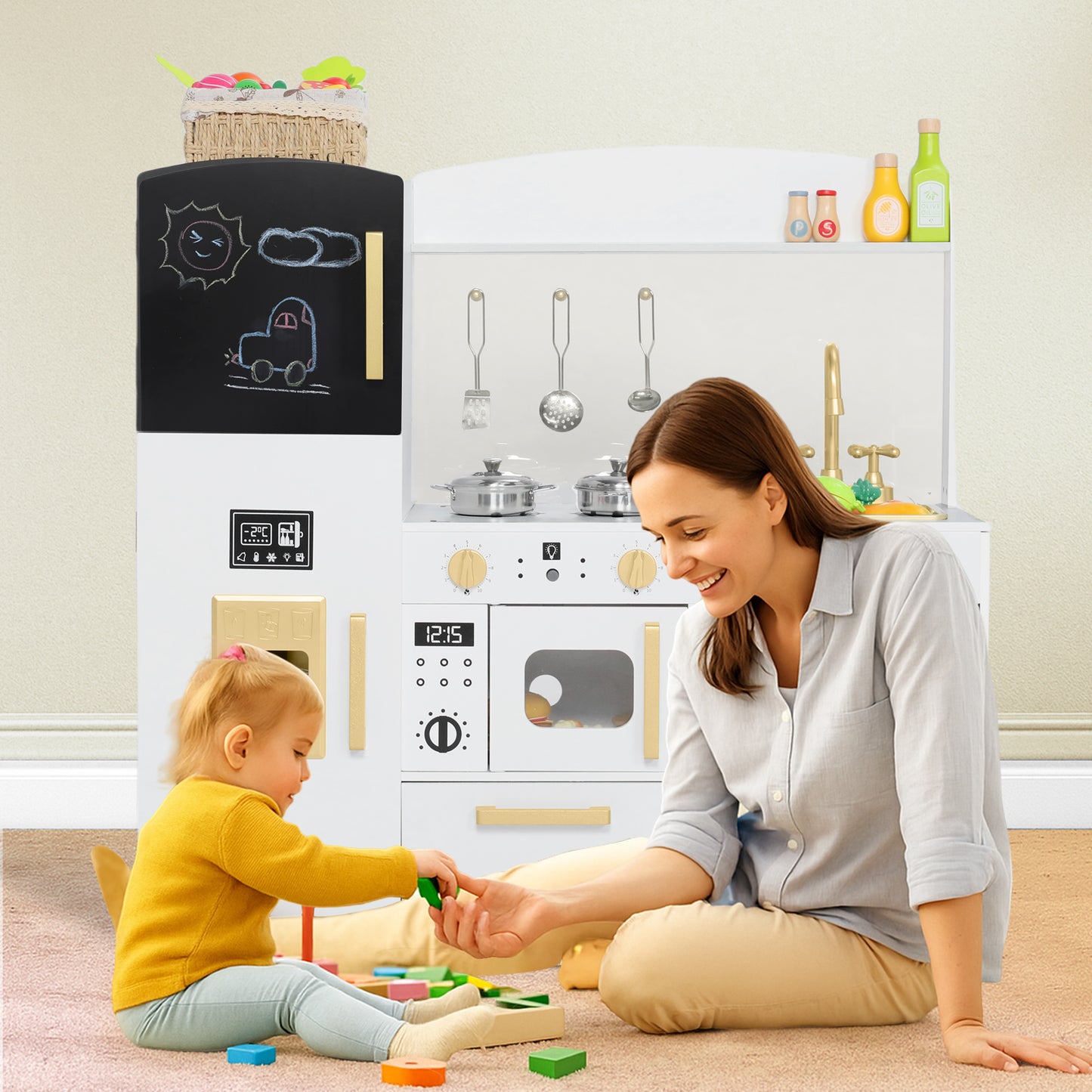 AILEEKISS Wood Kids Play Kitchen, Pretend Kitchen Playset for Children Age 3 Years up, White