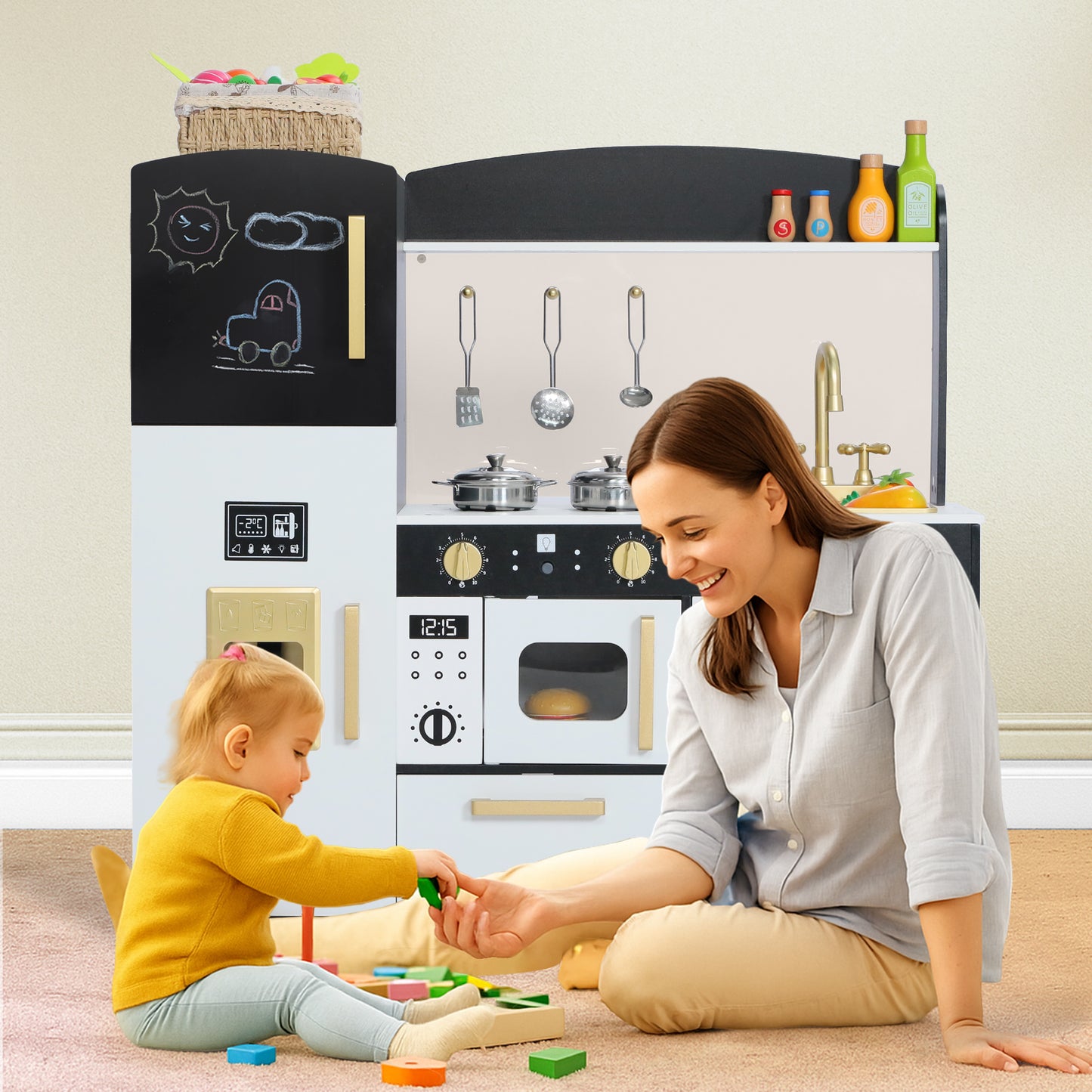 AILEEKISS Wood Kids Play Kitchen, Pretend Kitchen Playset for Children Age 3 Years up, Black