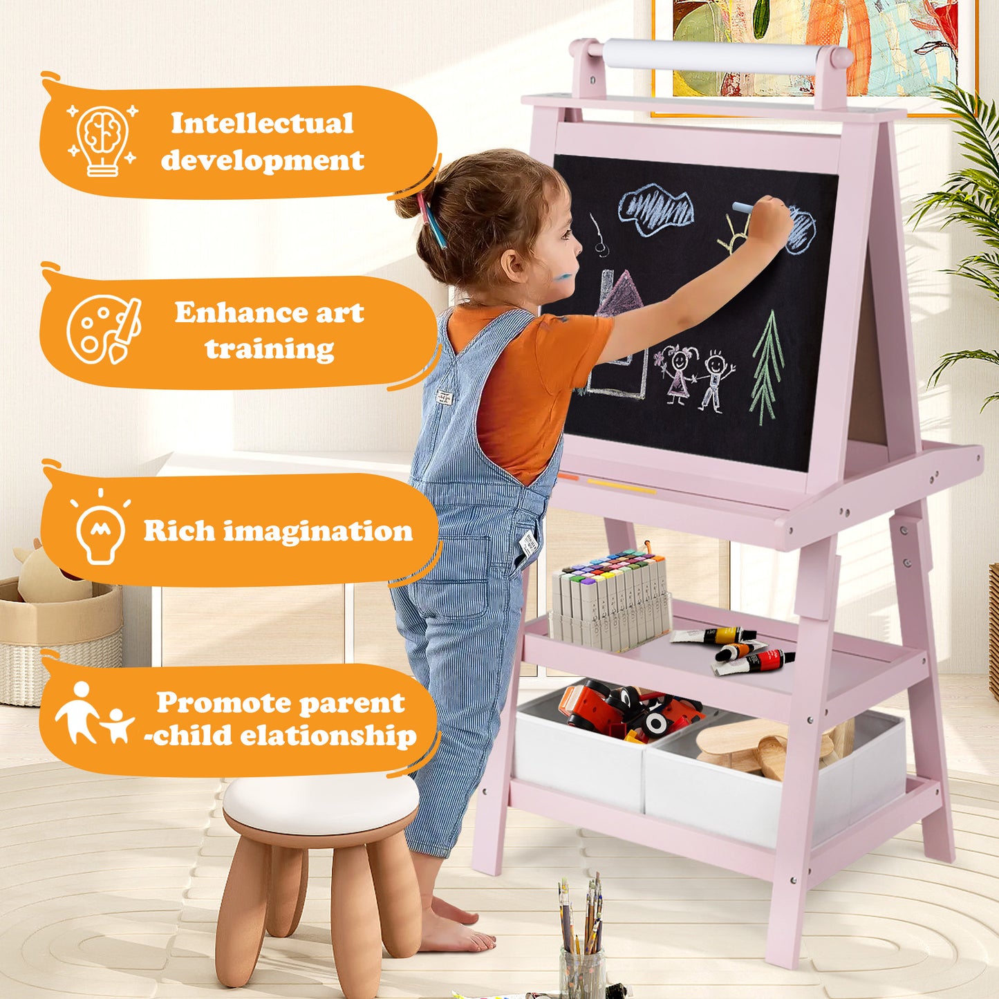 3 in 1 Kids Art Easel Double-Sided Magnetic Whiteboard Chalkboard Paper Roller, Pink