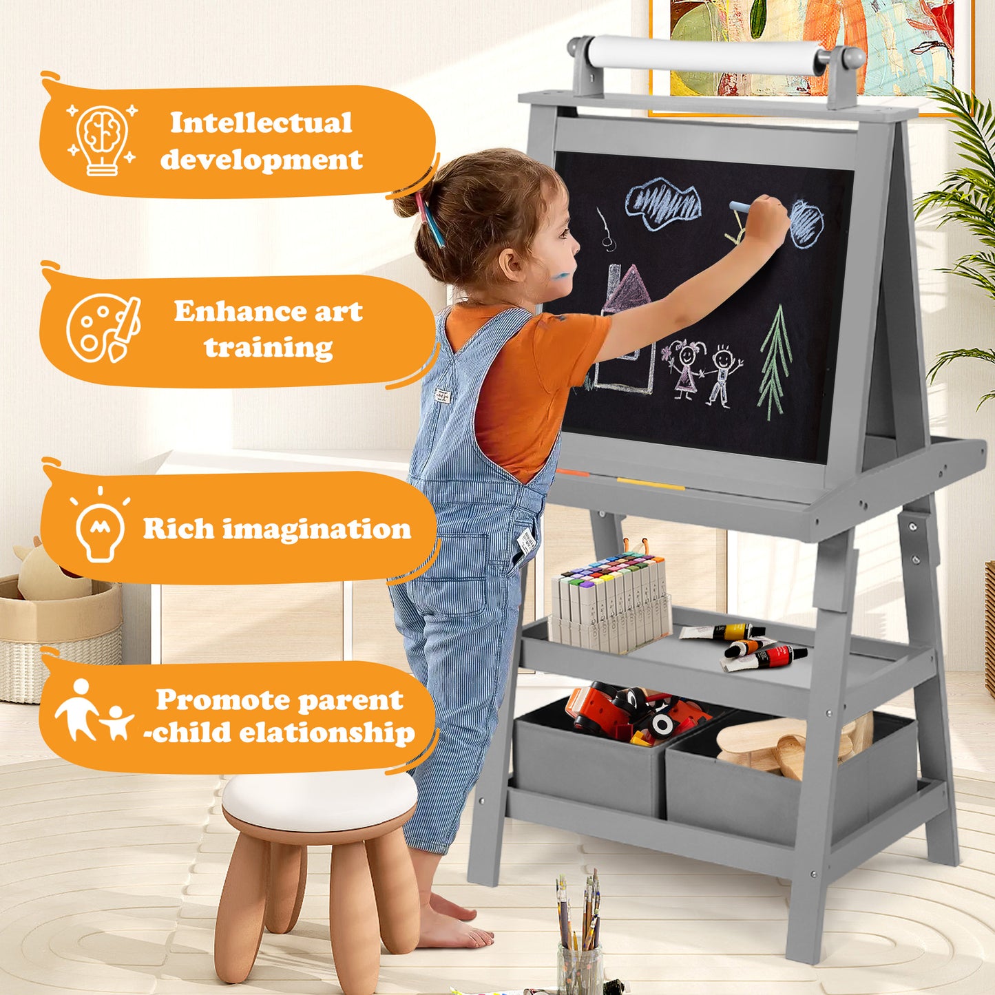 3 in 1 Kids Art Easel Double-Sided Magnetic Whiteboard Chalkboard Paper Roller, Grey