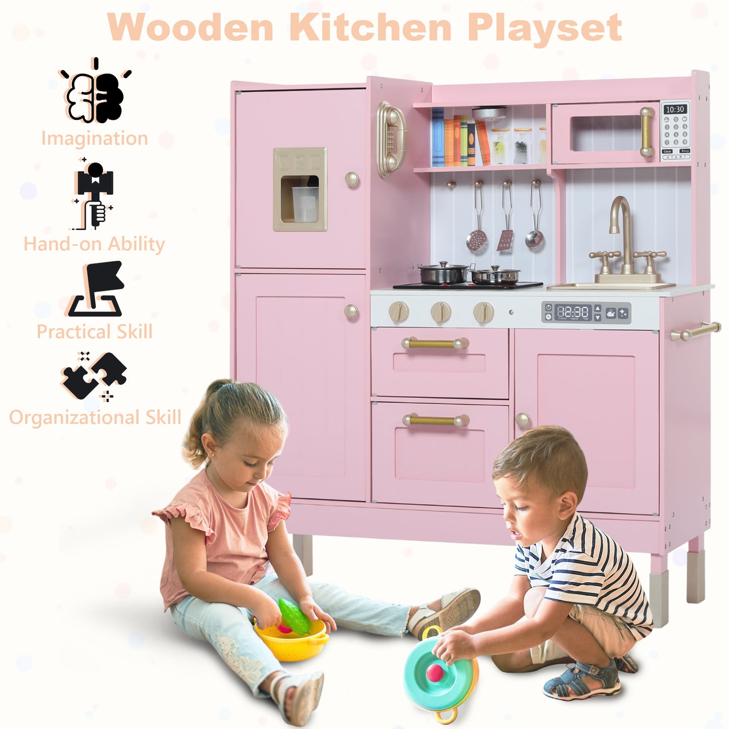 AILEEKISS Wood Kids Play Kitchen, Pretend Toy Kitchen Playset for Children with Sounds, Pink