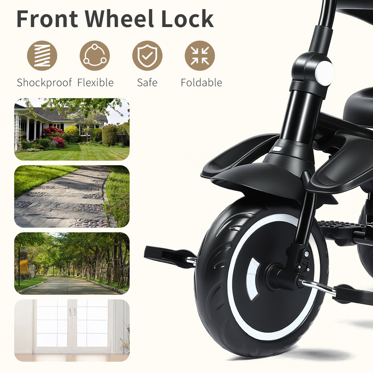 AILEEKISS 7-in-1 Kids' Tricycle with Push Handle, Foldable Trike Bicycles for Kids 1-5 Years, Black