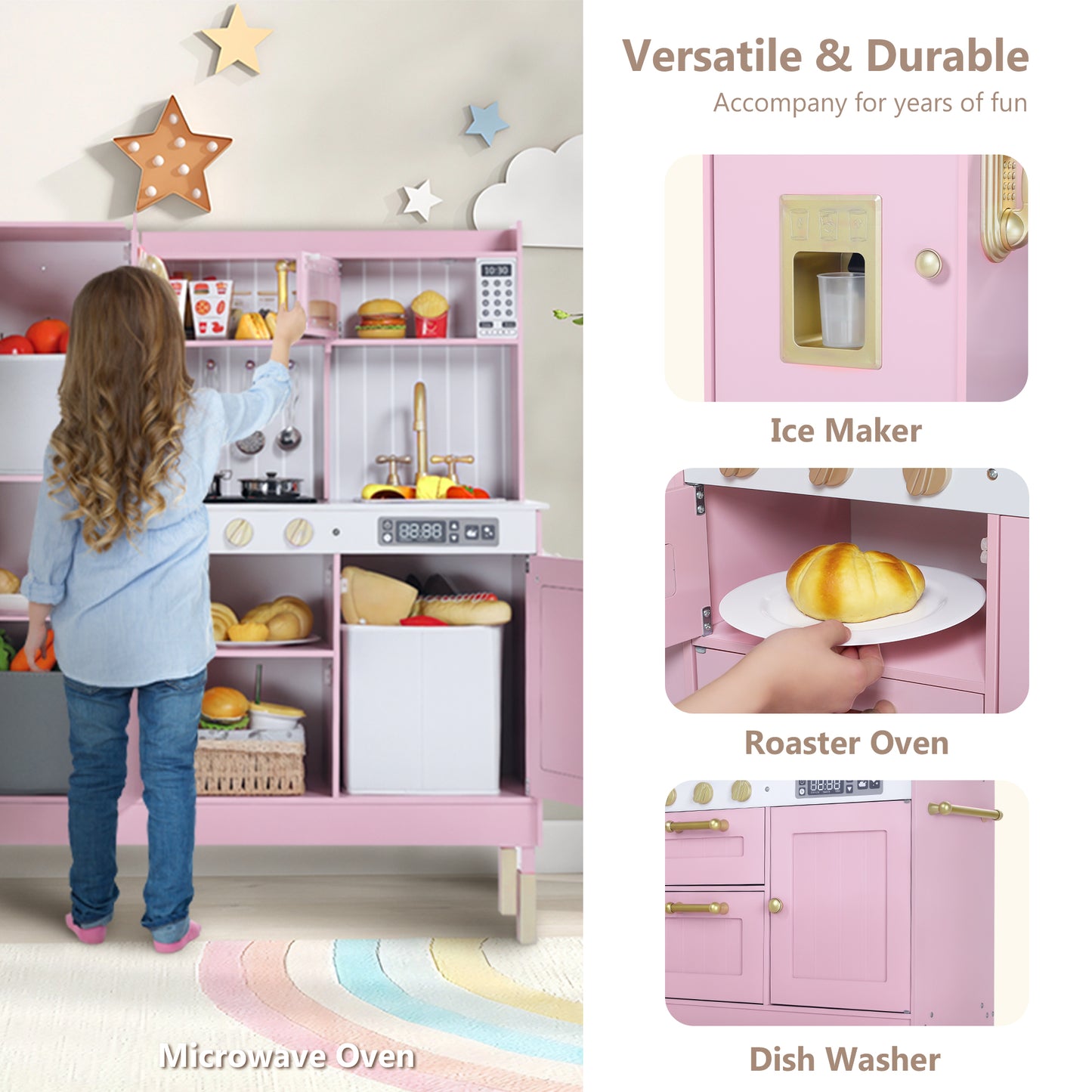 LINLUX Wooden Kids Play Kitchen, Toy Kitchen Playset For Toddler, Realistic Kitchen Sets Baby, Pink