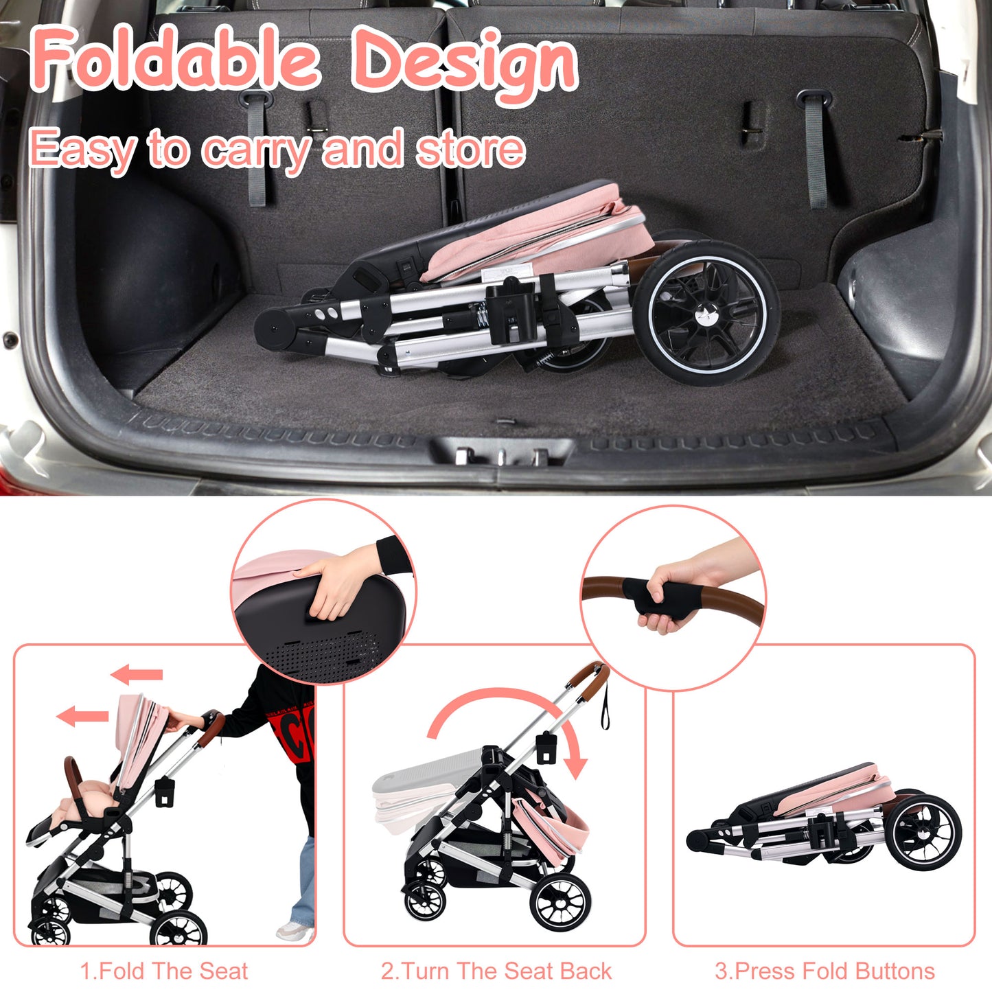 AILEEKISS Convertible Baby Stroller Folding Stroller for Toddler & Unisex Infant Carriage, Pink