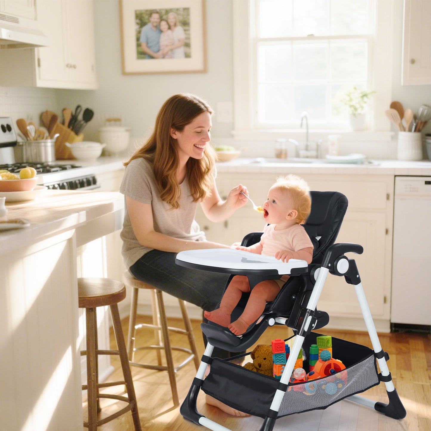 AILEEKISS Foldable Baby High Chair with Wheels, Adjustable Recline Toddler Eating Chair, Black