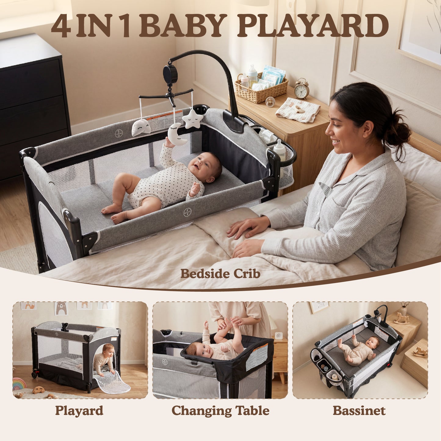 AILEEKISS 4-in-1 Portable Baby Play Yard with Changing Table for Newborn, Dark Grey
