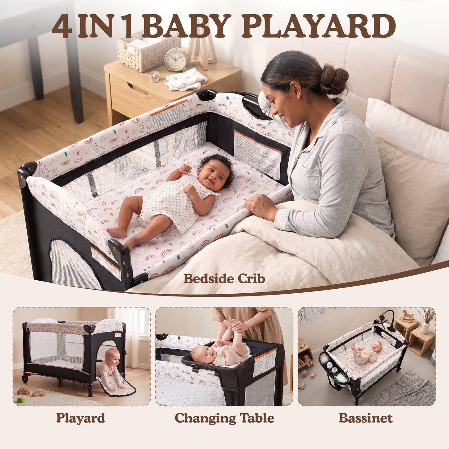 AILEEKISS 4-in-1 Portable Baby Play Yard with Changing Table for Newborn, Multicolor