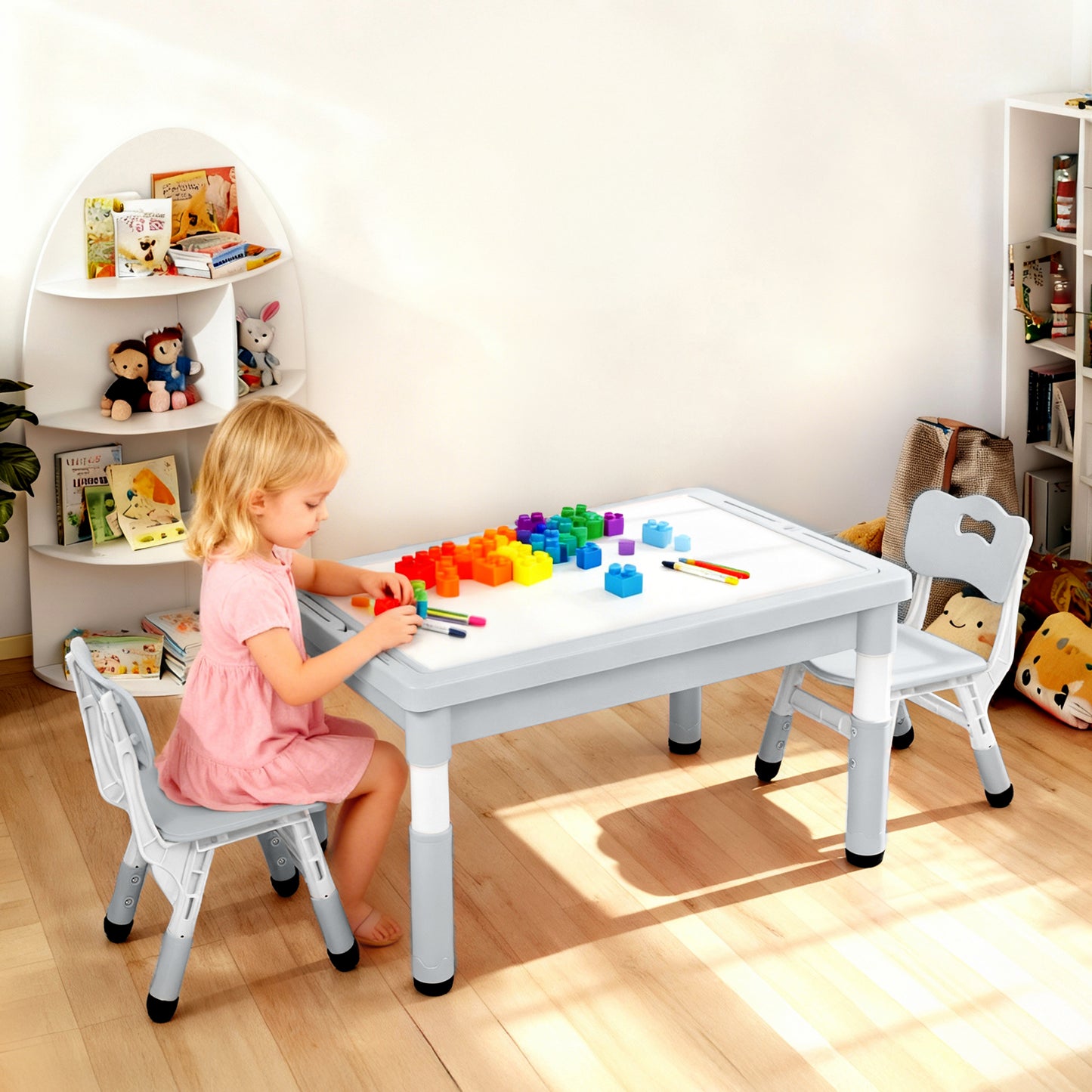 LINLUX Kids Table and Chair Set, 3 in 1 Activity Table for Children w/ Removable Tabletop, Gray