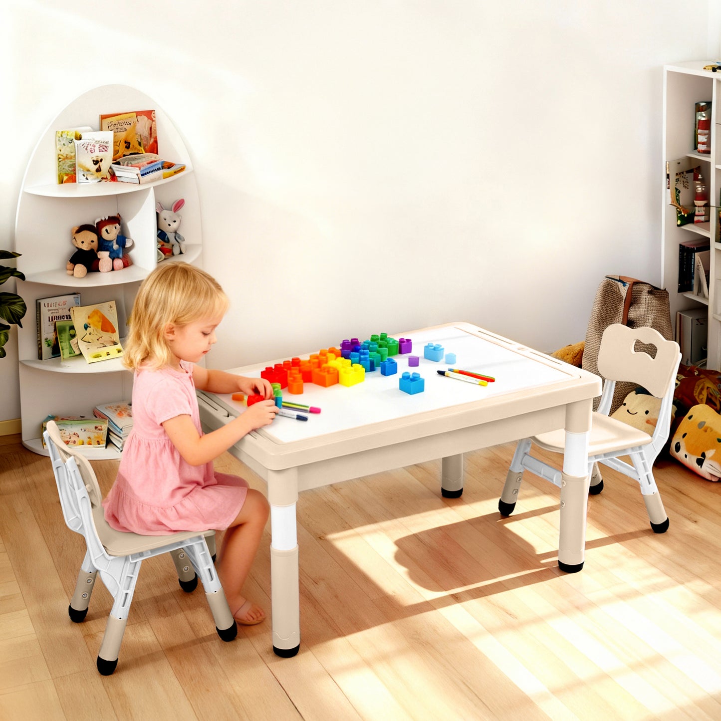 LINLUX Kids Table and Chair Set, 3 in 1 Activity Table for Children w/ Removable Tabletop, Khaki