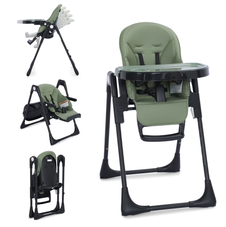 LINLUX Foldable Infant High Chair with Removable Double Trays, Portable Eating Chair, Green