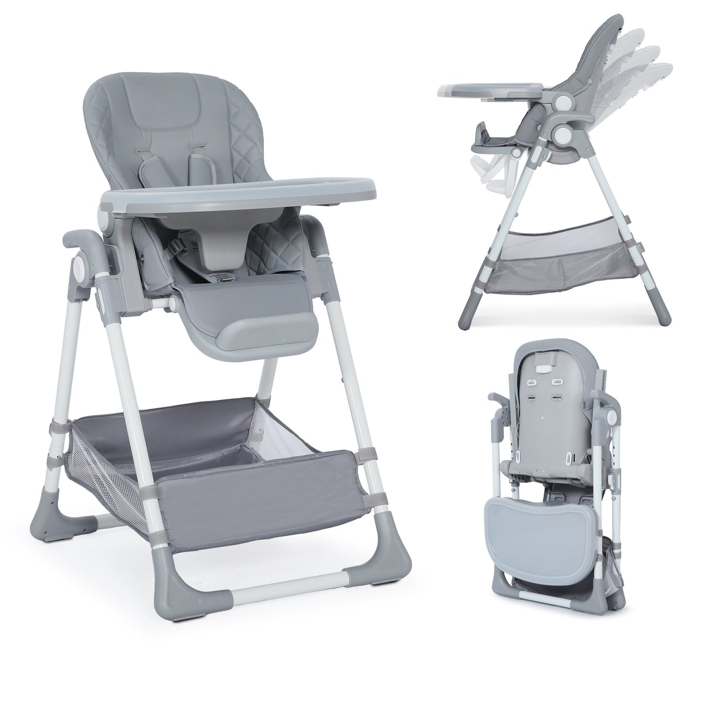 AILEEKISS Foldable Baby High Chair with Wheels, Adjustable Recline Toddler Eating Chair, Grey
