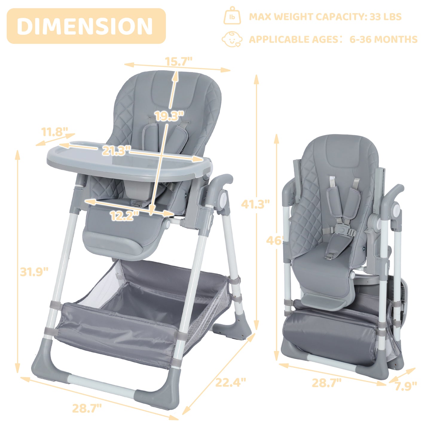 AILEEKISS Foldable Baby High Chair with Wheels, Adjustable Recline Toddler Eating Chair, Grey
