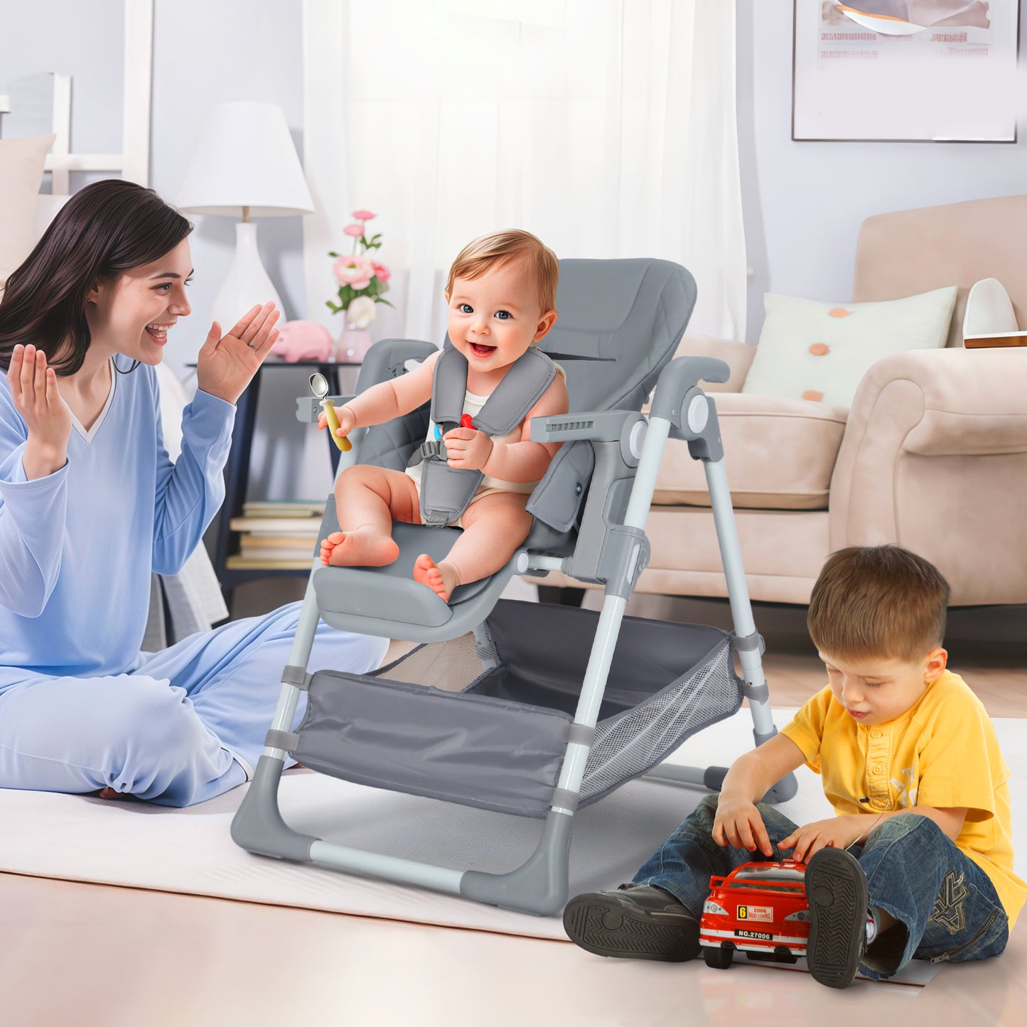 AILEEKISS Foldable Baby High Chair with Wheels, Adjustable Recline Toddler Eating Chair, Grey