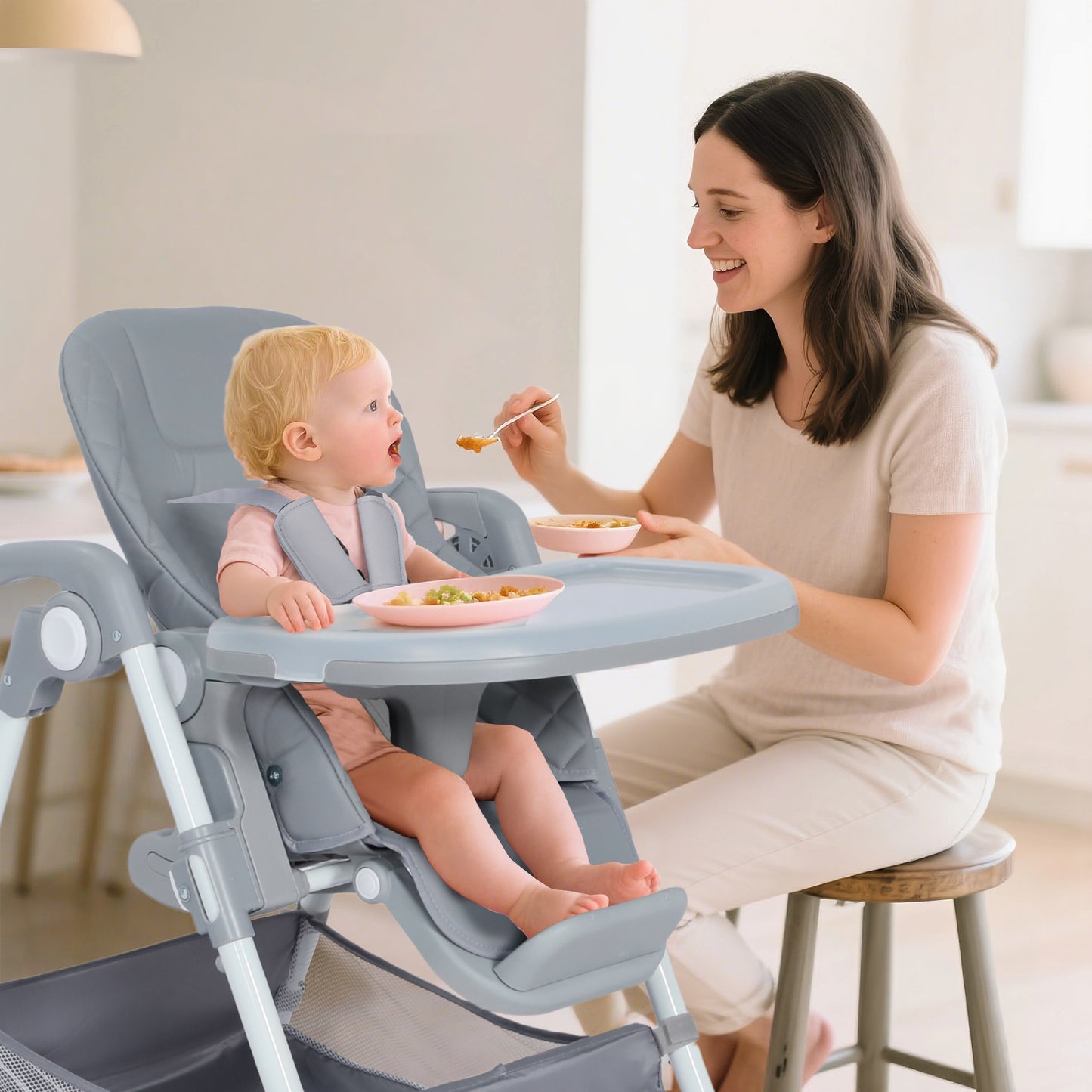 AILEEKISS Foldable Baby High Chair with Wheels, Adjustable Recline Toddler Eating Chair, Grey