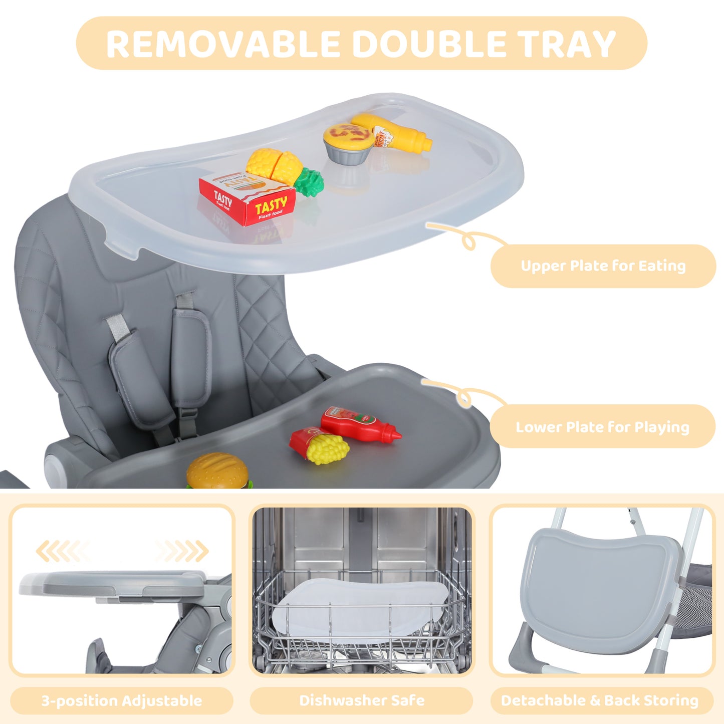 AILEEKISS Foldable Baby High Chair with Wheels, Adjustable Recline Toddler Eating Chair, Grey