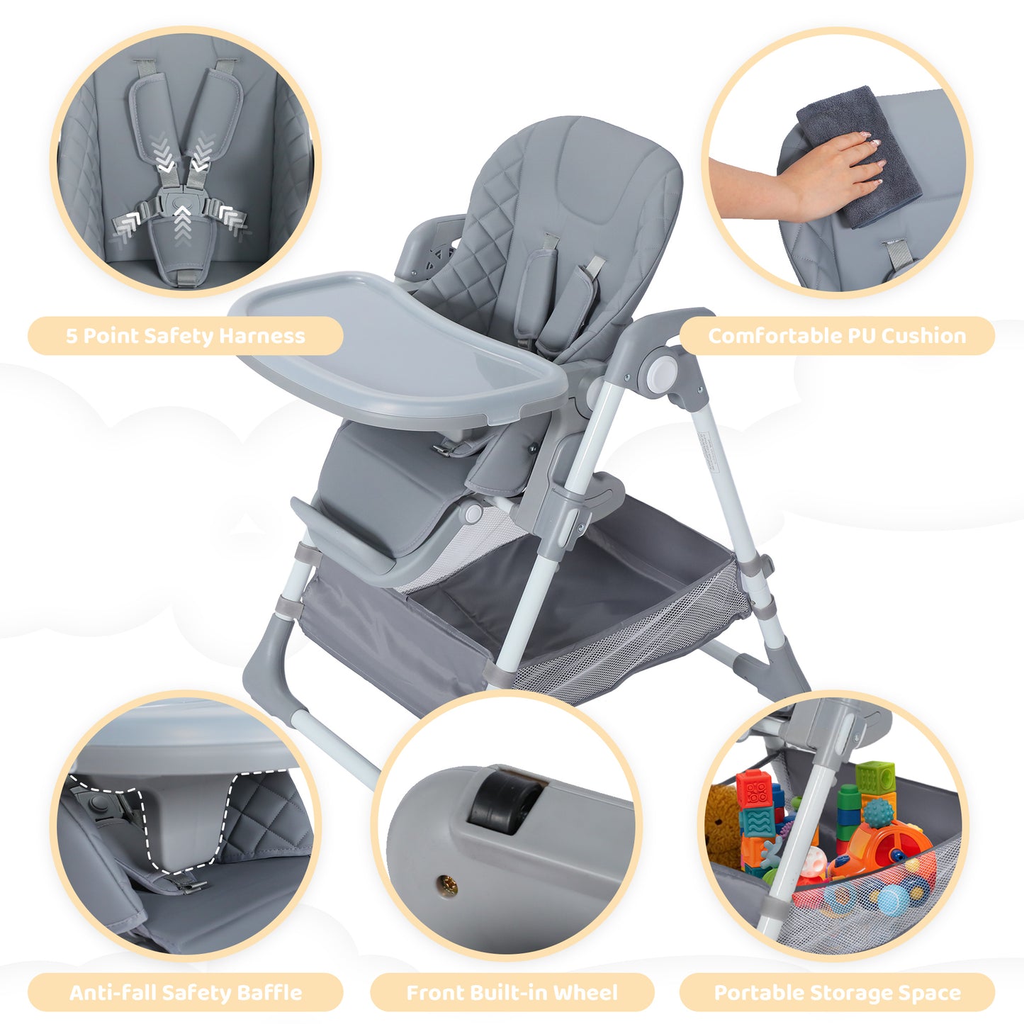 AILEEKISS Foldable Baby High Chair with Wheels, Adjustable Recline Toddler Eating Chair, Grey