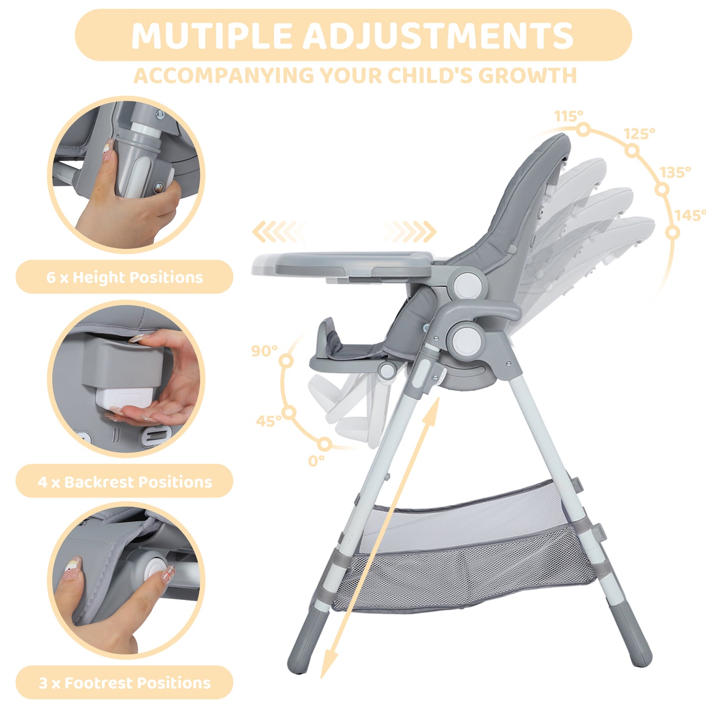 AILEEKISS Foldable Baby High Chair with Wheels, Adjustable Recline Toddler Eating Chair, Grey