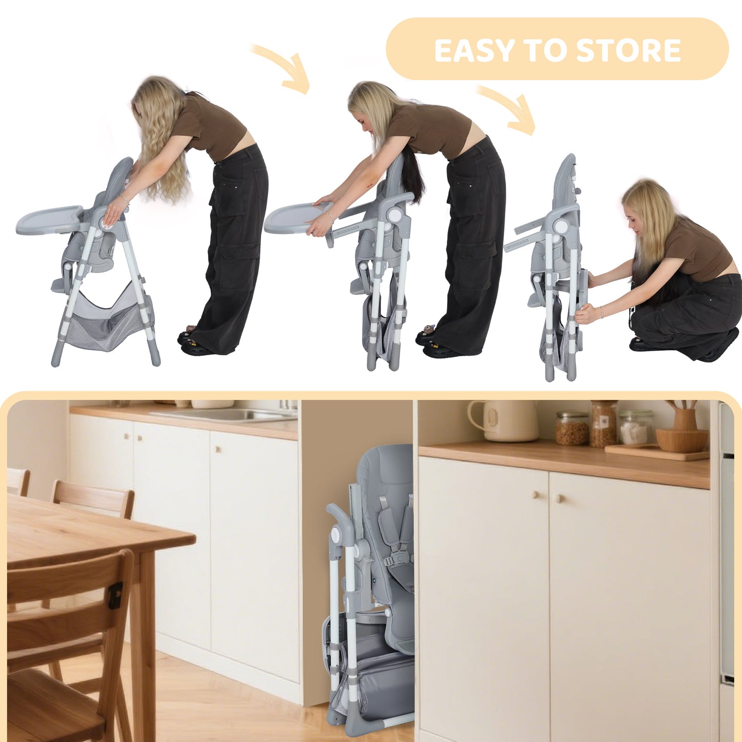 AILEEKISS Foldable Baby High Chair with Wheels, Adjustable Recline Toddler Eating Chair, Grey