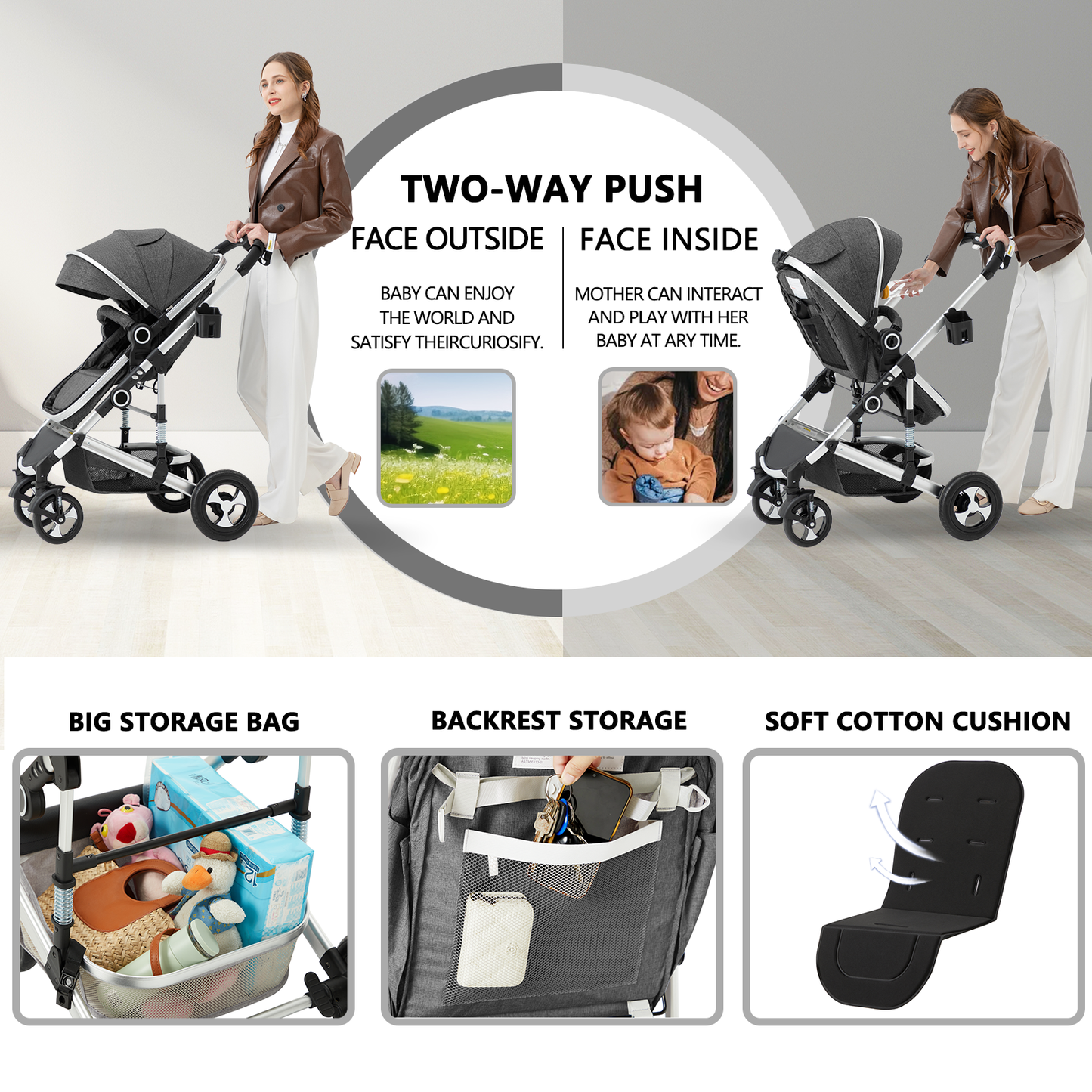 AILEEKISS 3 in 1 Convertible Baby Stroller, Unisex Folding Newborn Stroller with Big Seat, Dark Grey