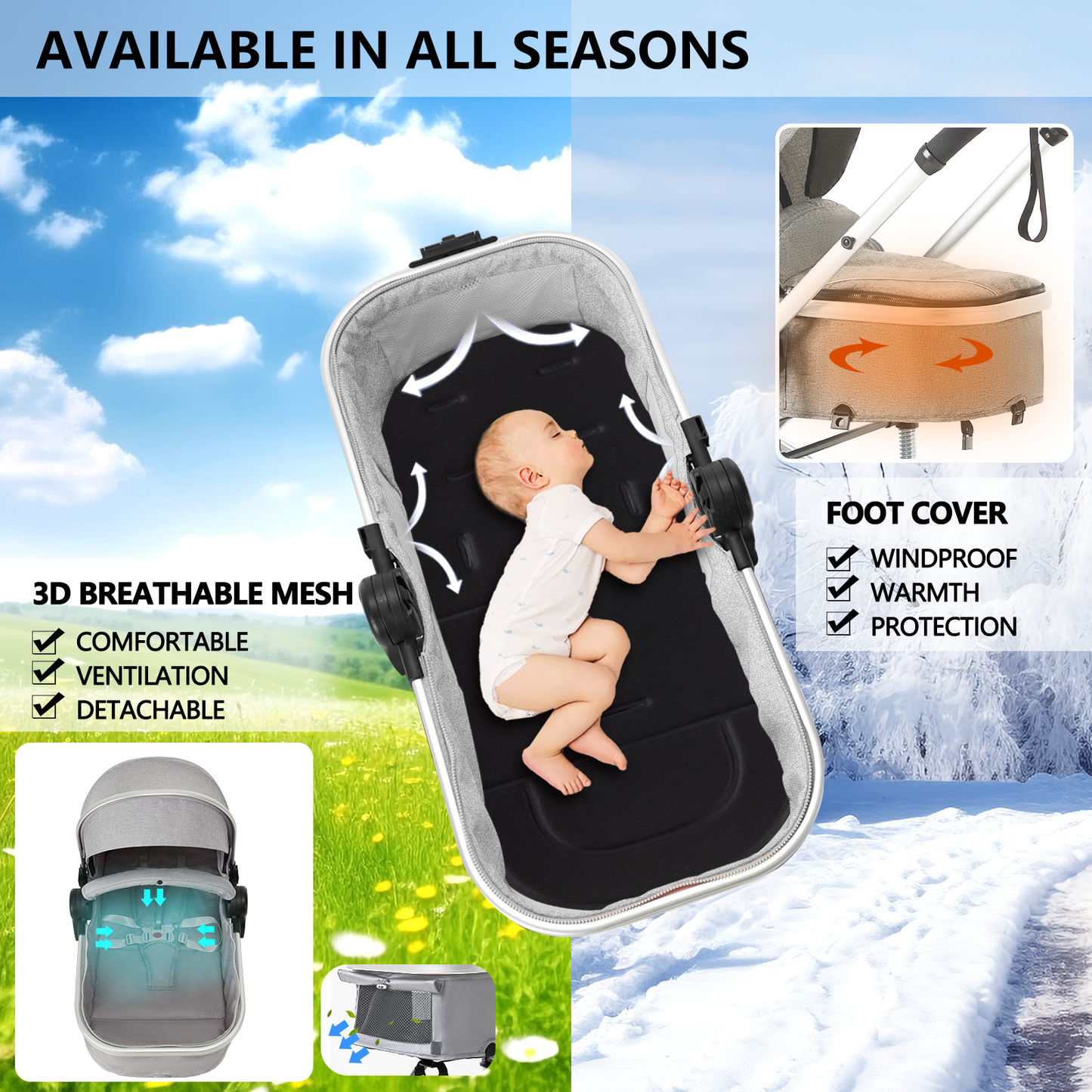 AILEEKISS 3 in 1 Convertible Baby Stroller, Unisex Folding Newborn Stroller with Big Seat, Light Grey