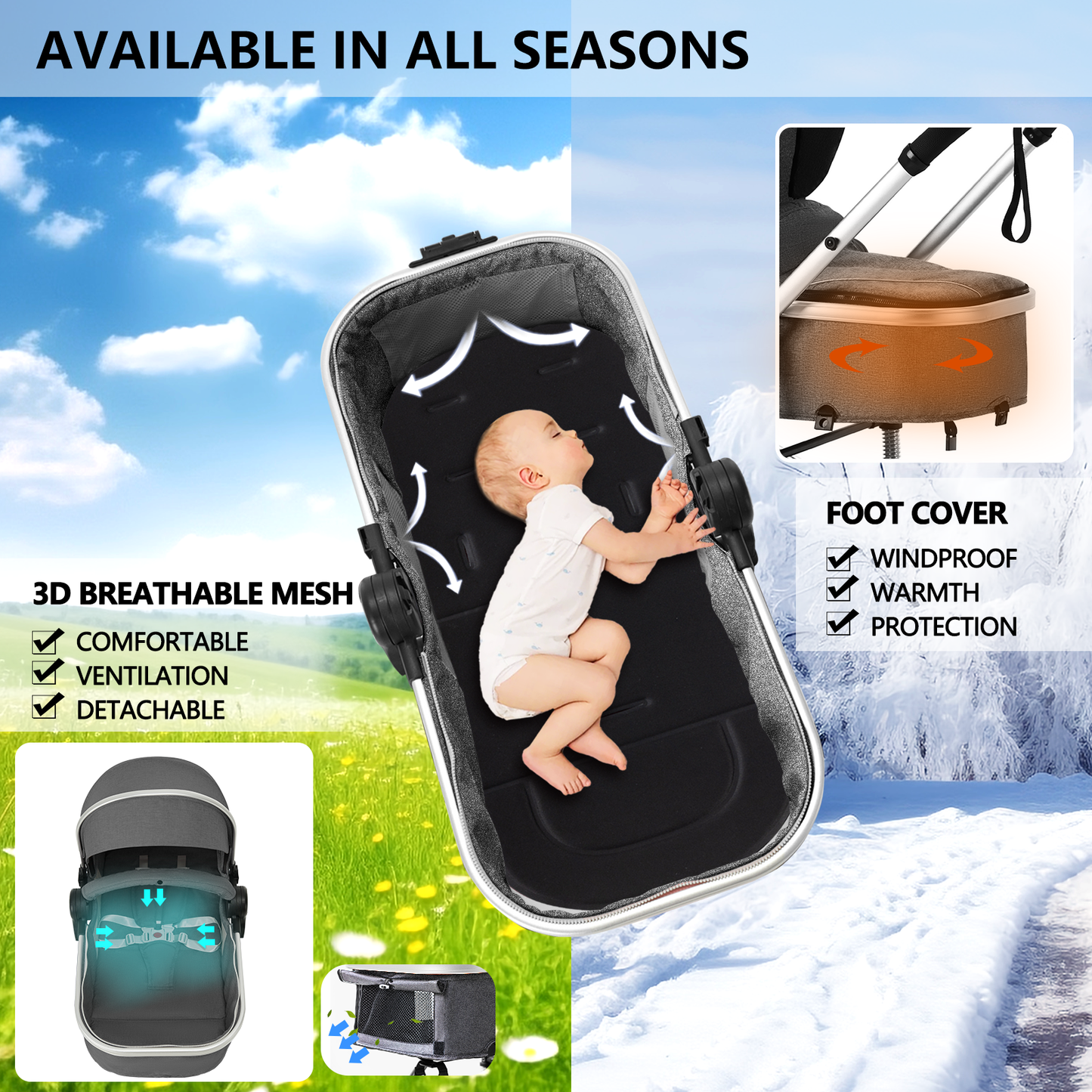AILEEKISS 3 in 1 Convertible Baby Stroller, Unisex Folding Newborn Stroller with Big Seat, Dark Grey