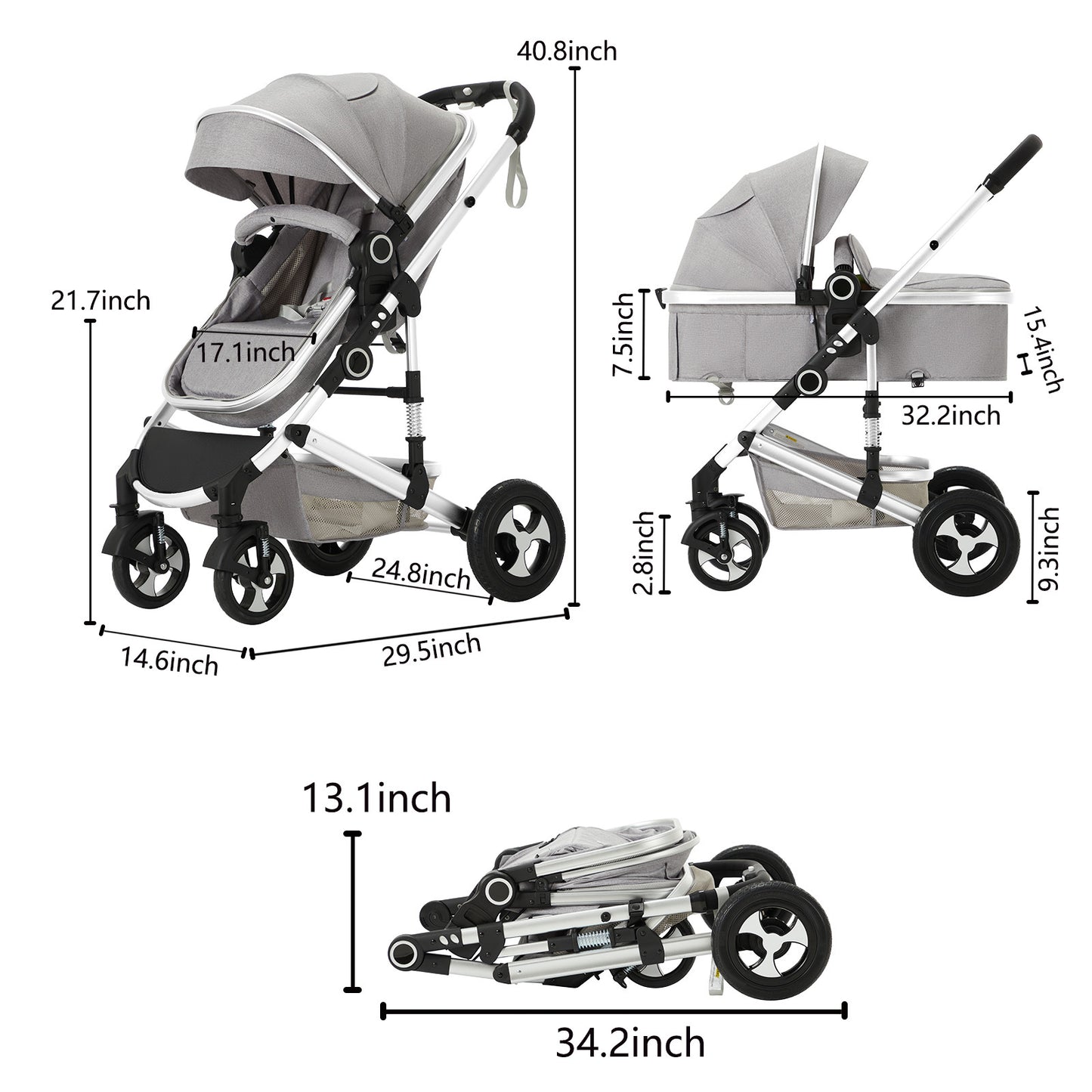 AILEEKISS 3 in 1 Convertible Baby Stroller, Unisex Folding Newborn Stroller with Big Seat, Light Grey