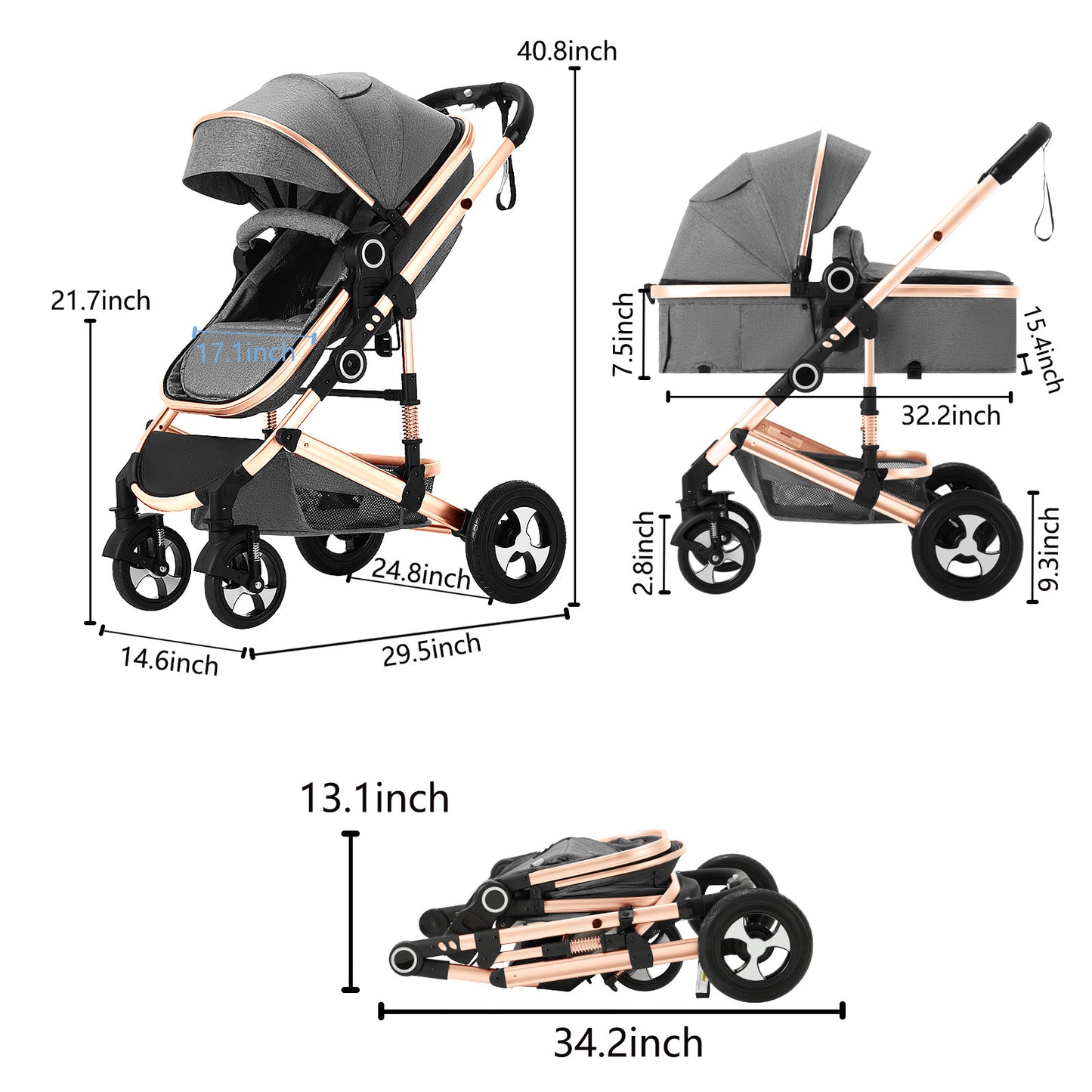 AILEEKISS 3 in 1 Convertible Baby Stroller, Unisex Folding Newborn Stroller with Big Seat, Rose Gold