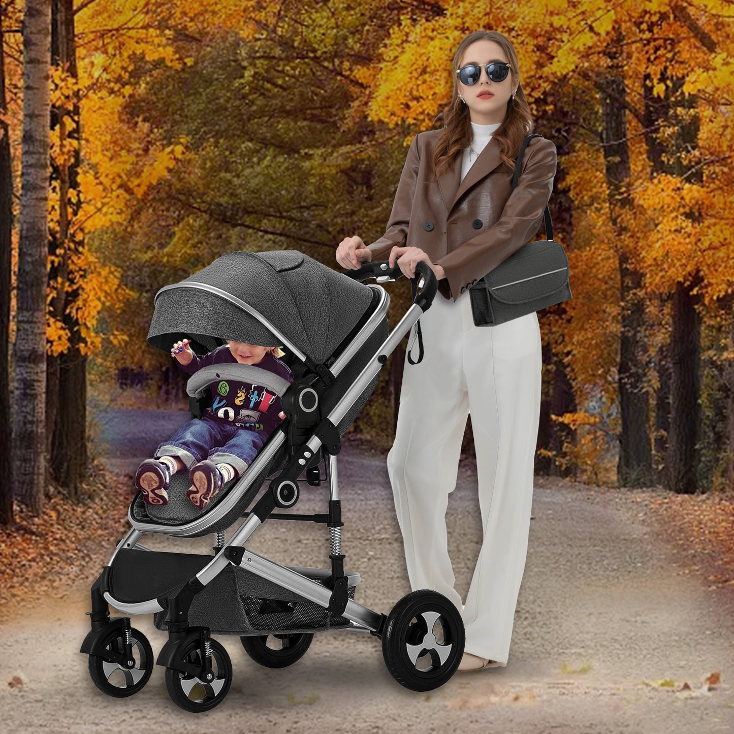 AILEEKISS 3 in 1 Convertible Baby Stroller, Unisex Folding Newborn Stroller with Big Seat, Dark Grey