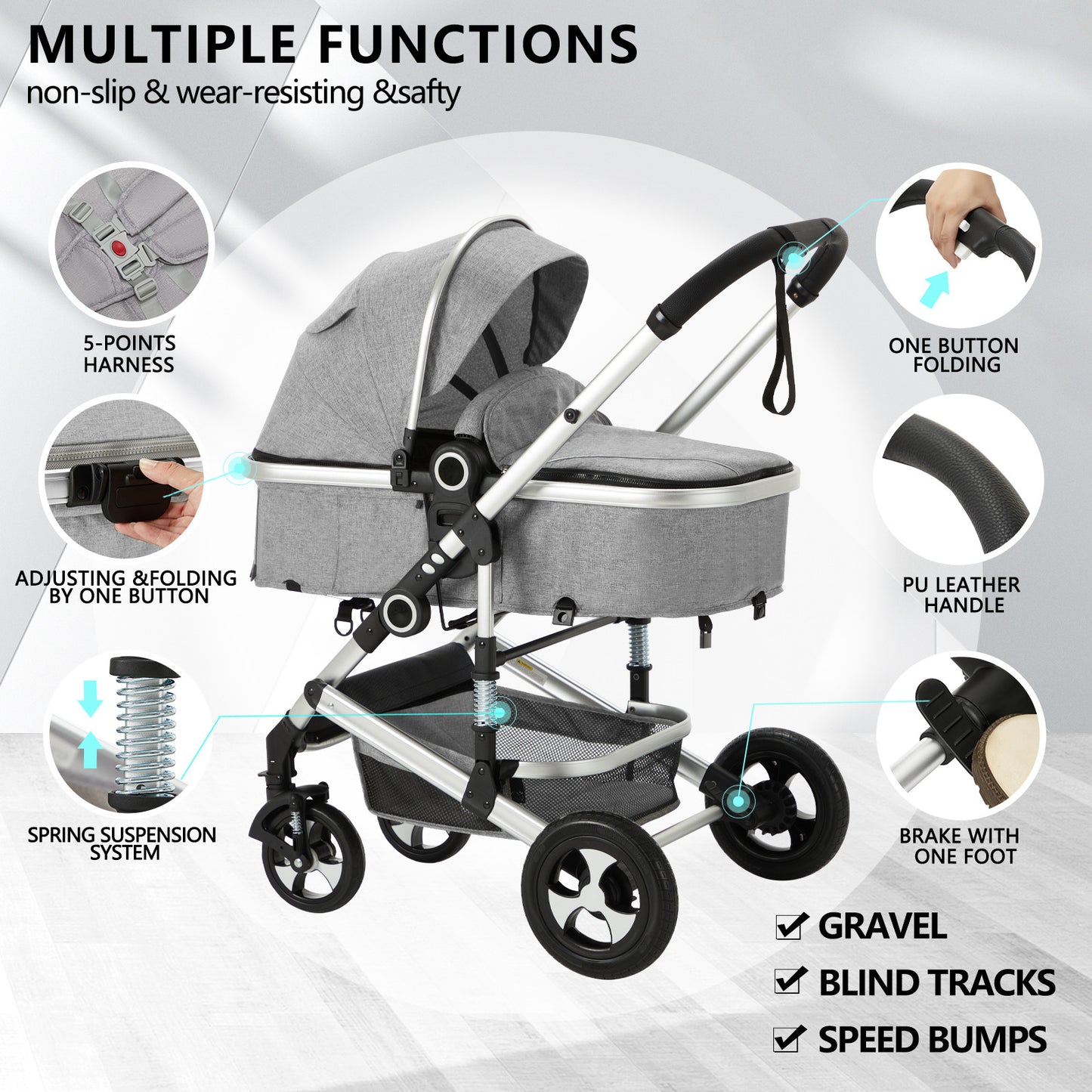 AILEEKISS 3 in 1 Convertible Baby Stroller, Unisex Folding Newborn Stroller with Big Seat, Light Grey
