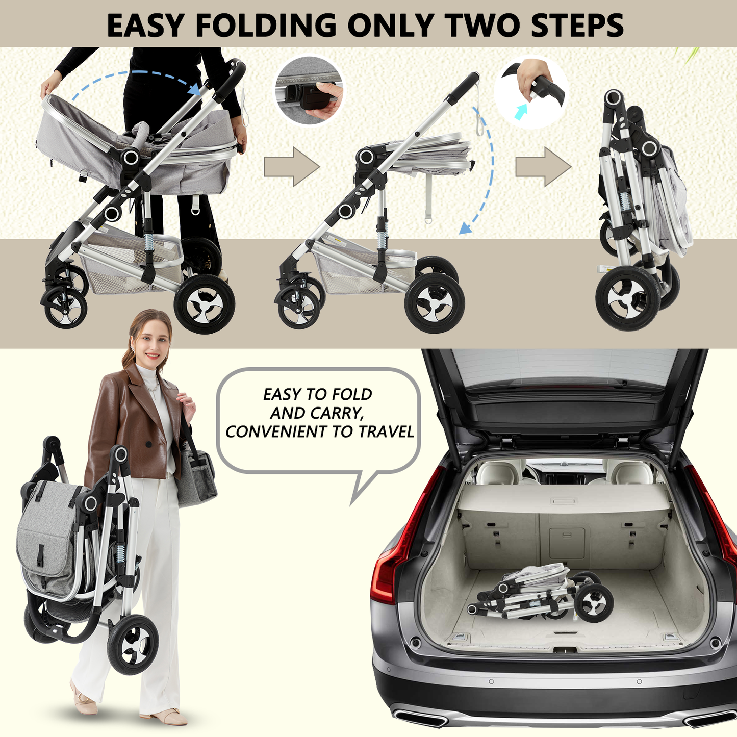 AILEEKISS 3 in 1 Convertible Baby Stroller, Unisex Folding Newborn Stroller with Big Seat, Light Grey