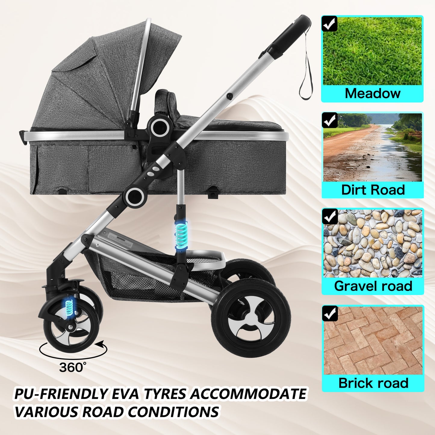 AILEEKISS 3 in 1 Convertible Baby Stroller, Unisex Folding Newborn Stroller with Big Seat, Dark Grey