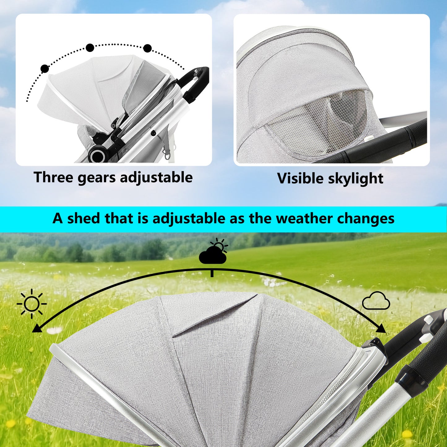 AILEEKISS 3 in 1 Convertible Baby Stroller, Unisex Folding Newborn Stroller with Big Seat, Light Grey