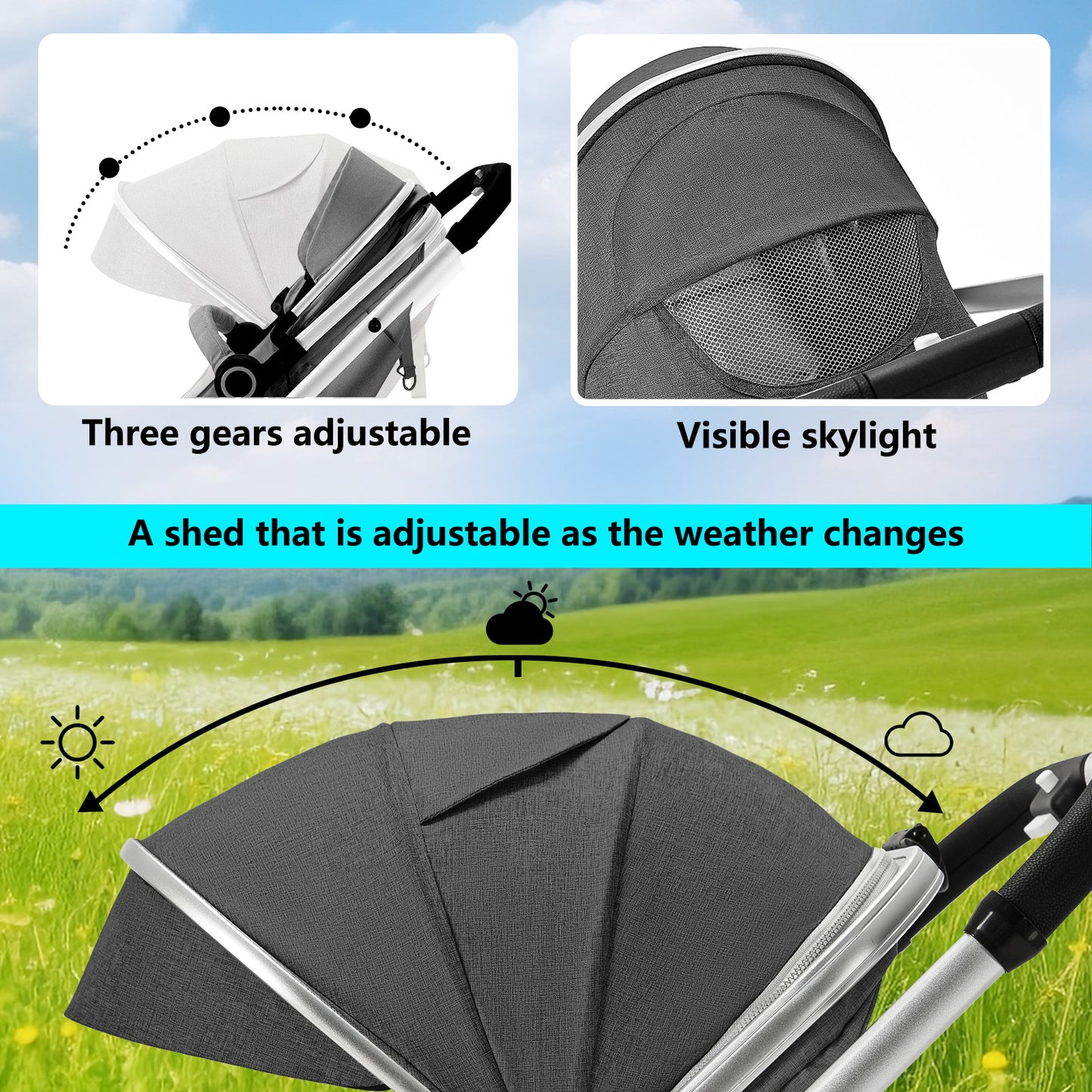 AILEEKISS 3 in 1 Convertible Baby Stroller, Unisex Folding Newborn Stroller with Big Seat, Dark Grey