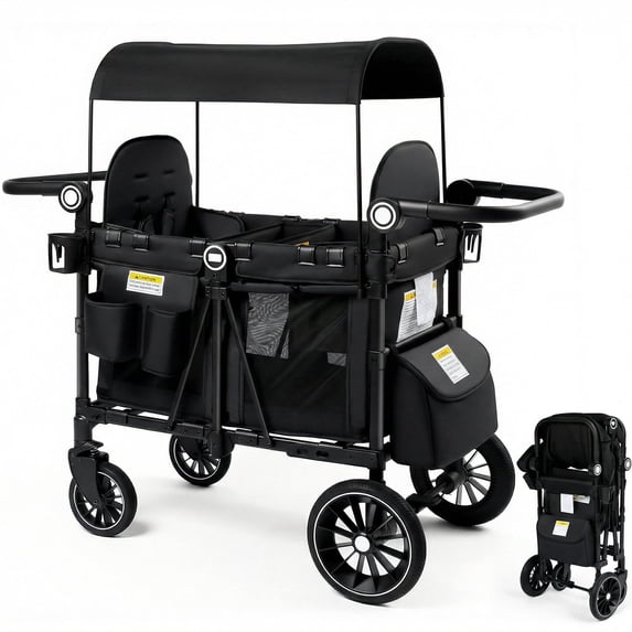 LINLUX 4-in-1 Stroller Wagon for 2 Kids, All-Terrain Wheels, Adjustable Handle, Black