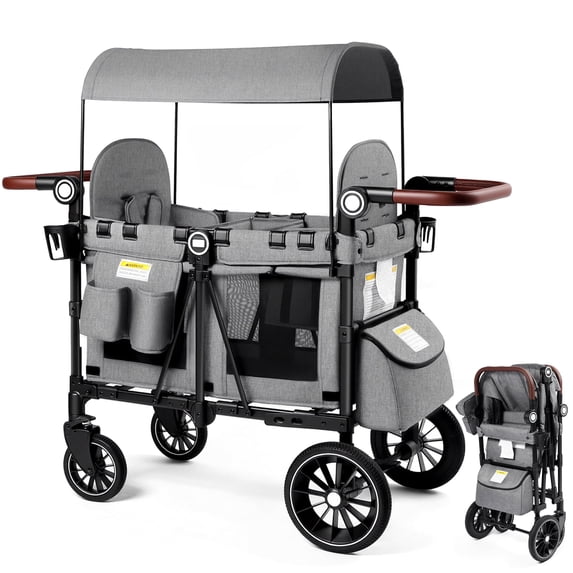 LINLUX 4-in-1 Stroller Wagon for 2 Kids, All-Terrain Wheels, Adjustable Handle, Gray
