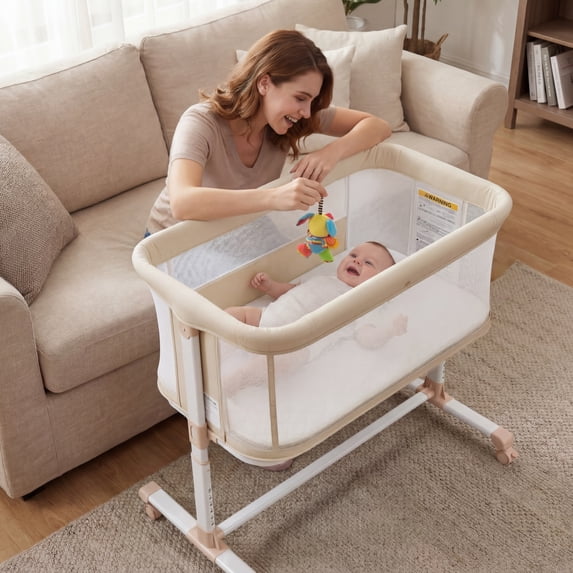 LINLUX Baby Bassinet, 6-Height Adjustable Newborn Bedside Bassinet with Wheels, All-Sided Mesh,Beige