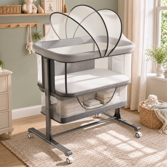 LINLUX Baby Bassinet,6-Height Adjustable Bedside Bassinet with Wheels,Mosquito Net & All-Sided Mesh, Gray