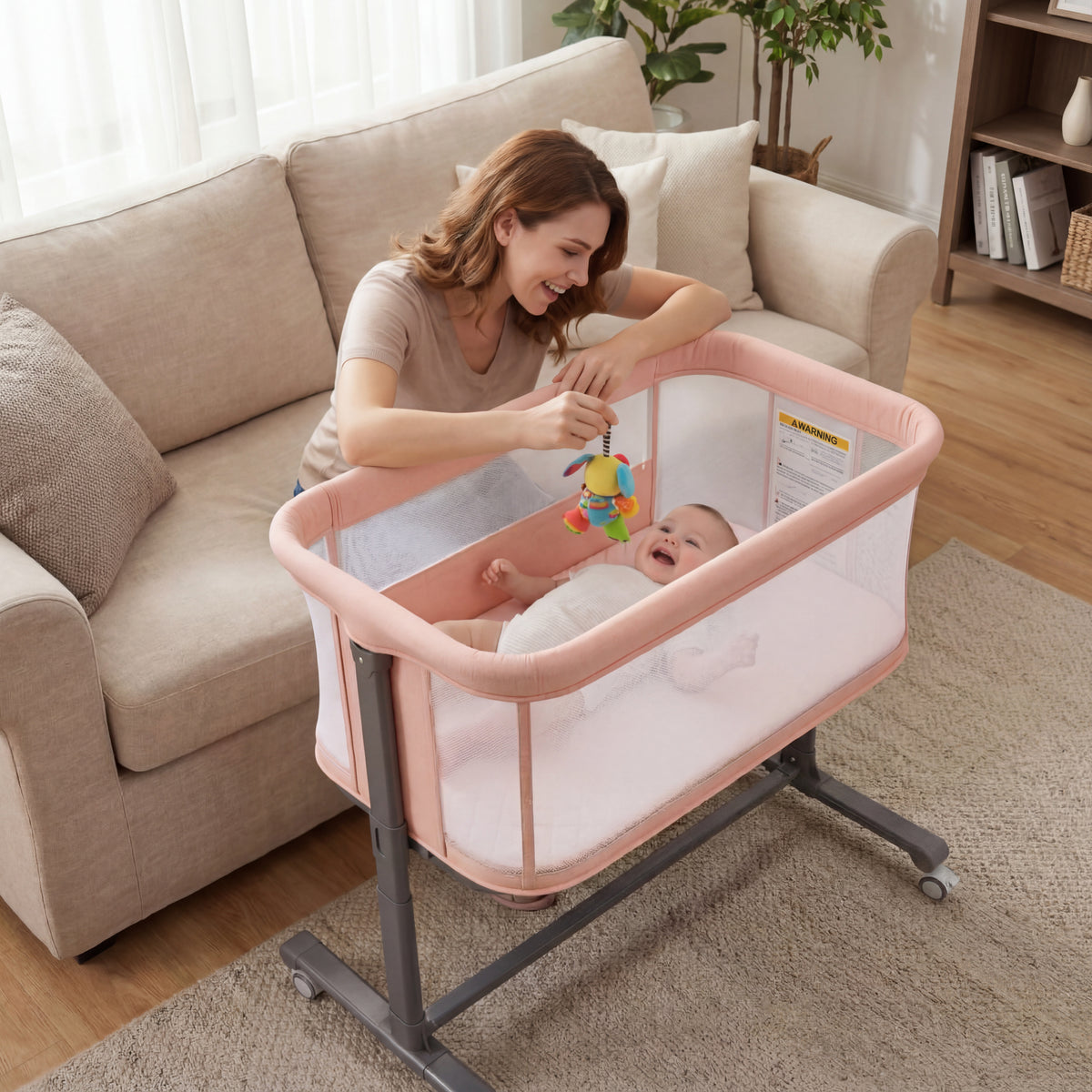 LINLUX Baby Bassinet, 6-Height Adjustable Newborn Bedside Bassinet with Wheels, All-Sided Mesh, Pink
