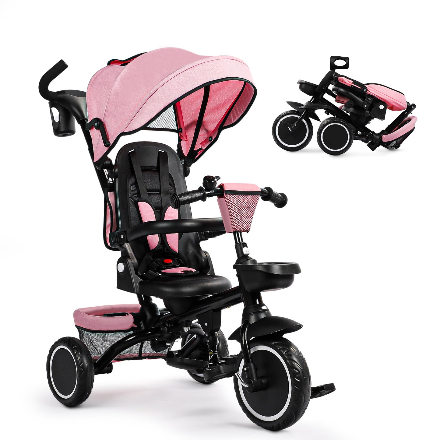 8-in-1 Kids' Tricycle Stroller, Folding Toddler Bicycle Unisex Ride Trike 1-6 Years, Pink